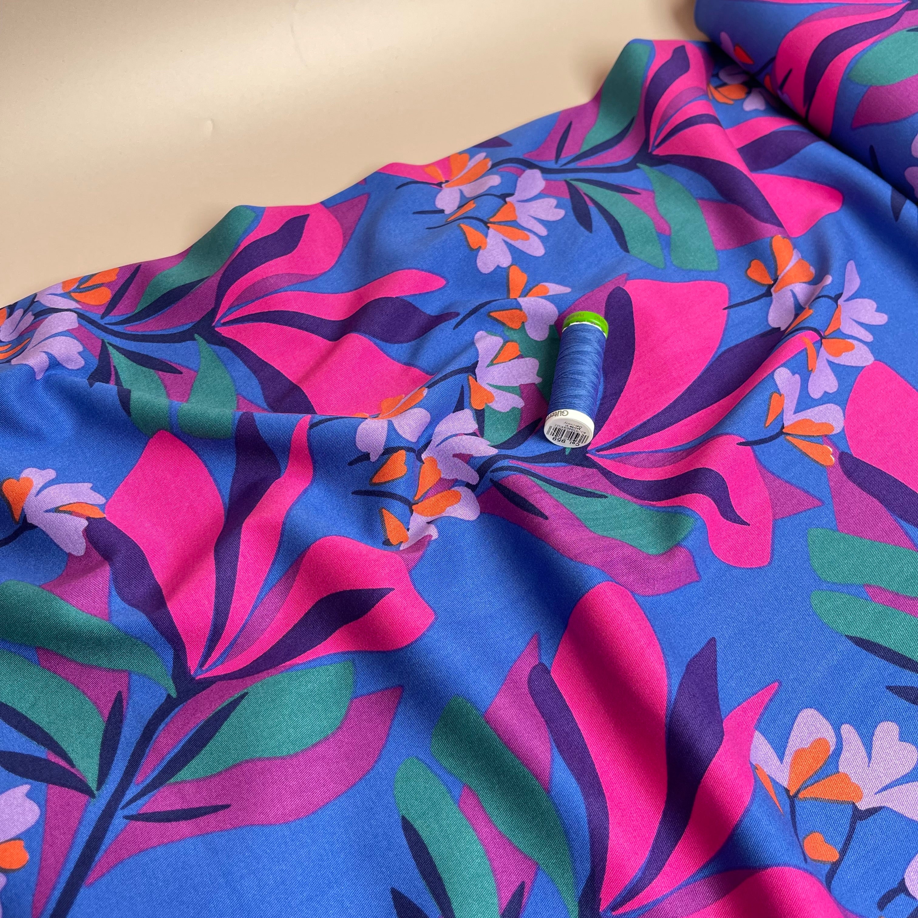 Nerida Hansen - Rosella Spring Garden on Royal Blue Stretch Viscose Twill Fabric