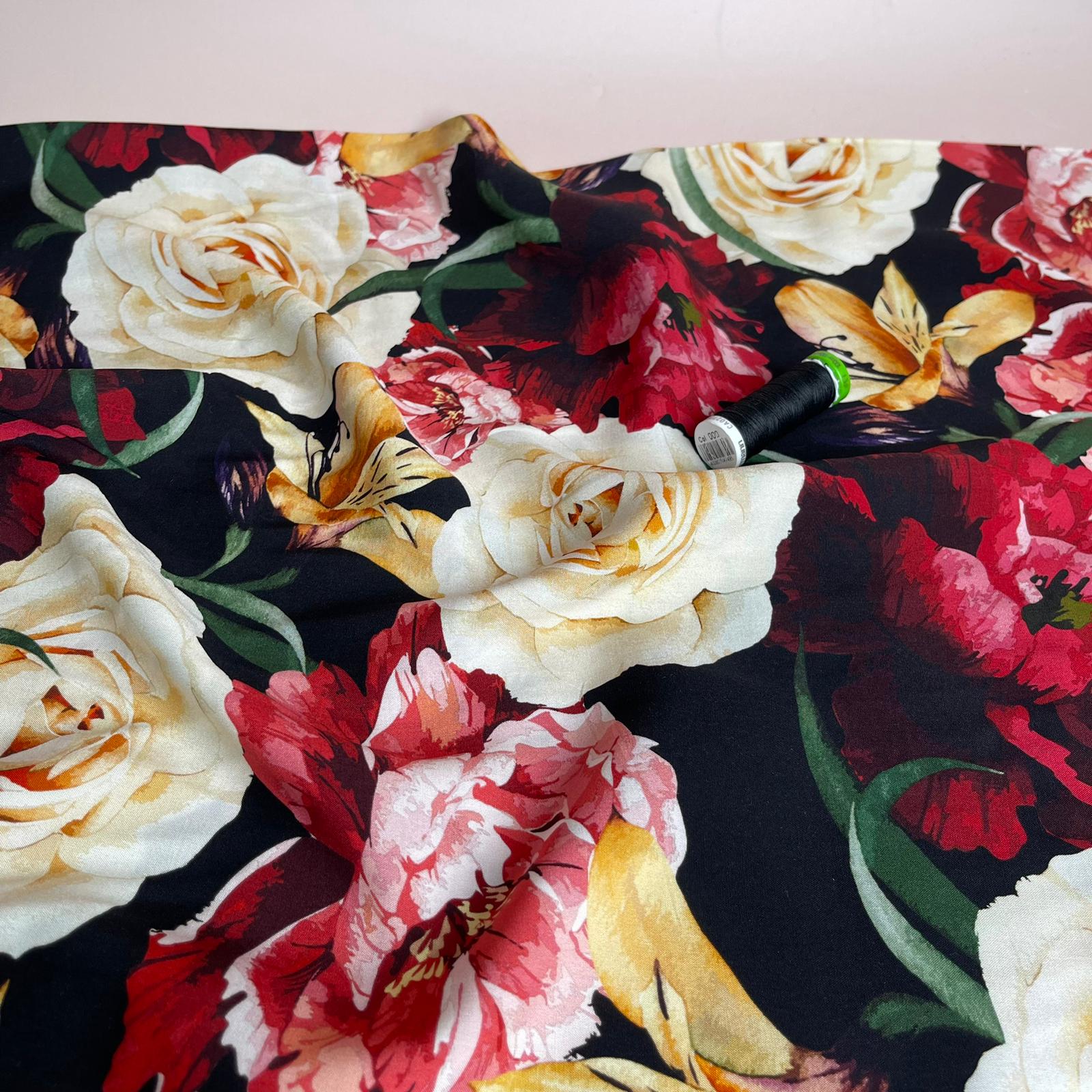 REMNANT 0.69 Metre - Romance Flowers on Black Viscose Fabric