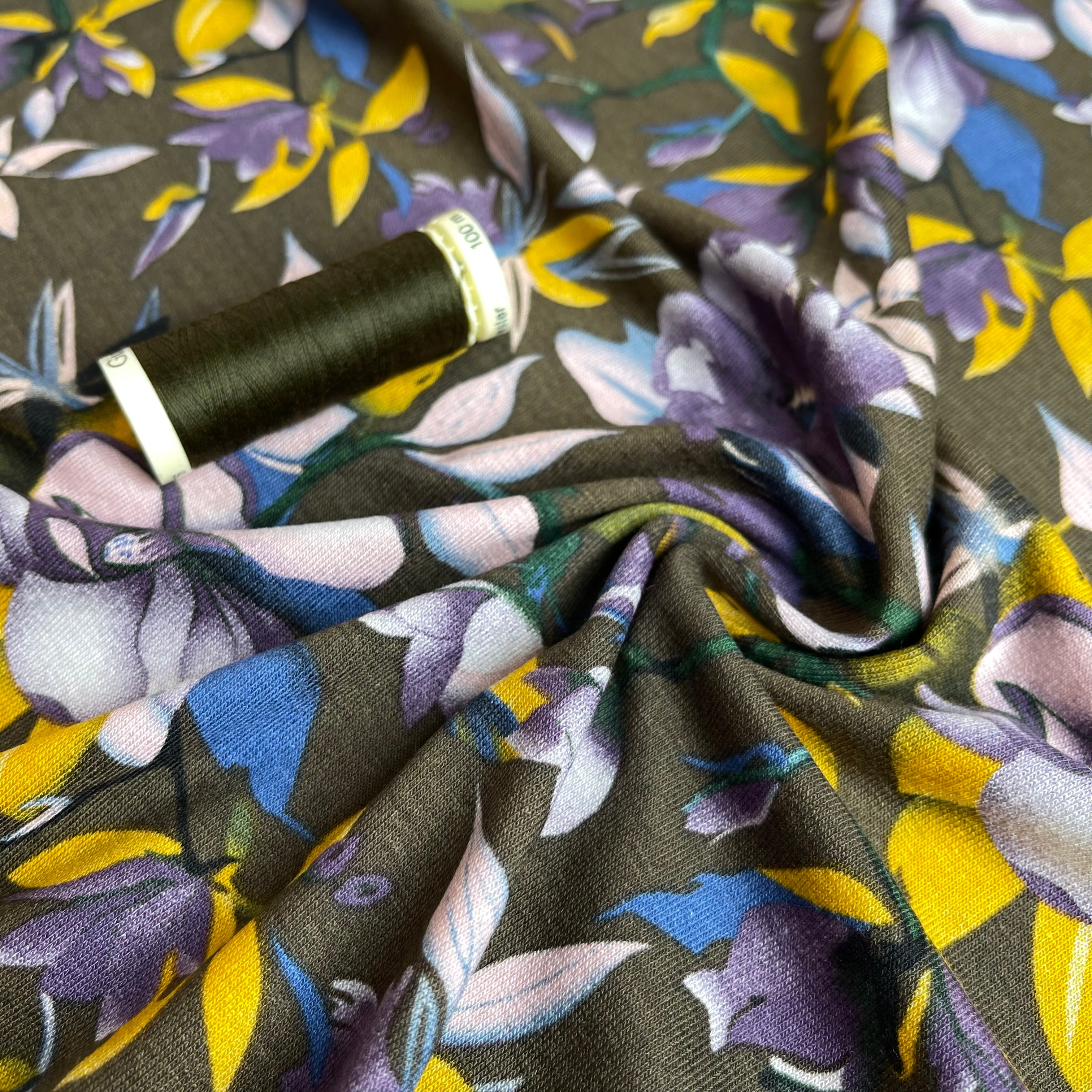 Purple Bouquet on Olive Viscose Jersey Fabric