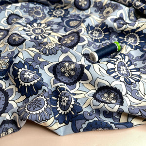 Seventies Flower on Blue Linen Viscose Blend Fabric