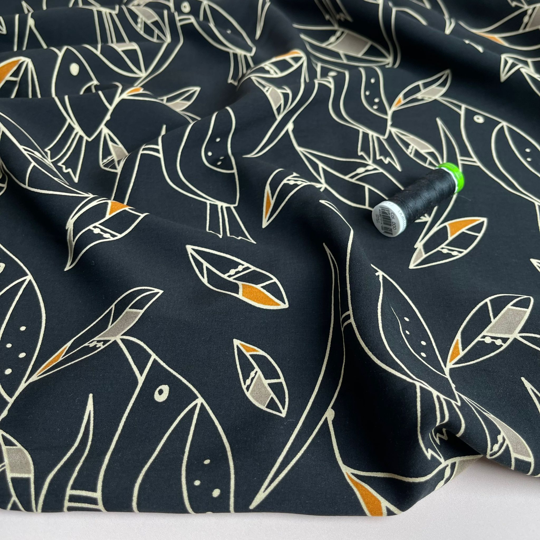 Graphic Birds Orange on Black Viscose Poplin Fabric