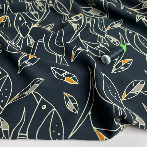 Graphic Birds Orange on Black Viscose Poplin Fabric