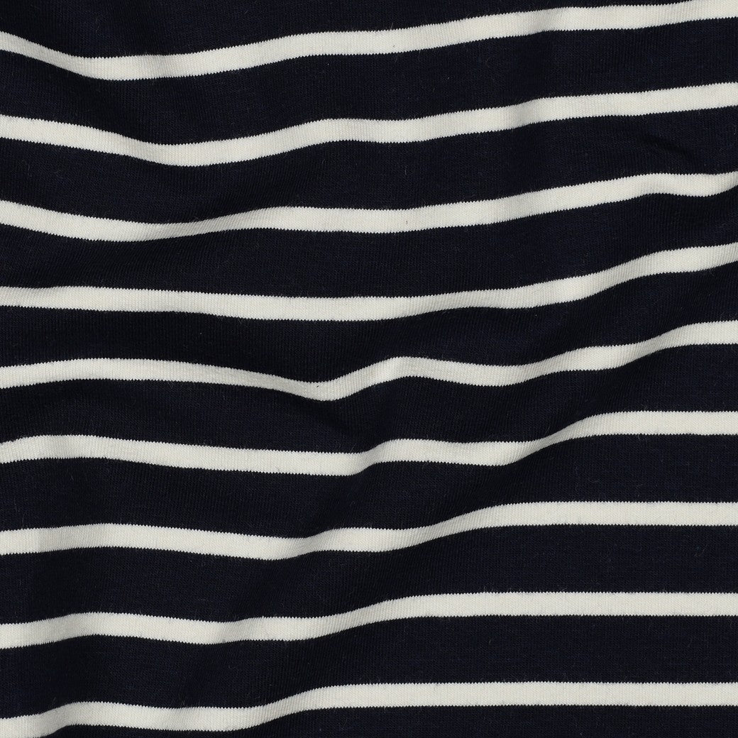 Yarn Dyed Ecru Stripes on Navy Cotton French Terry