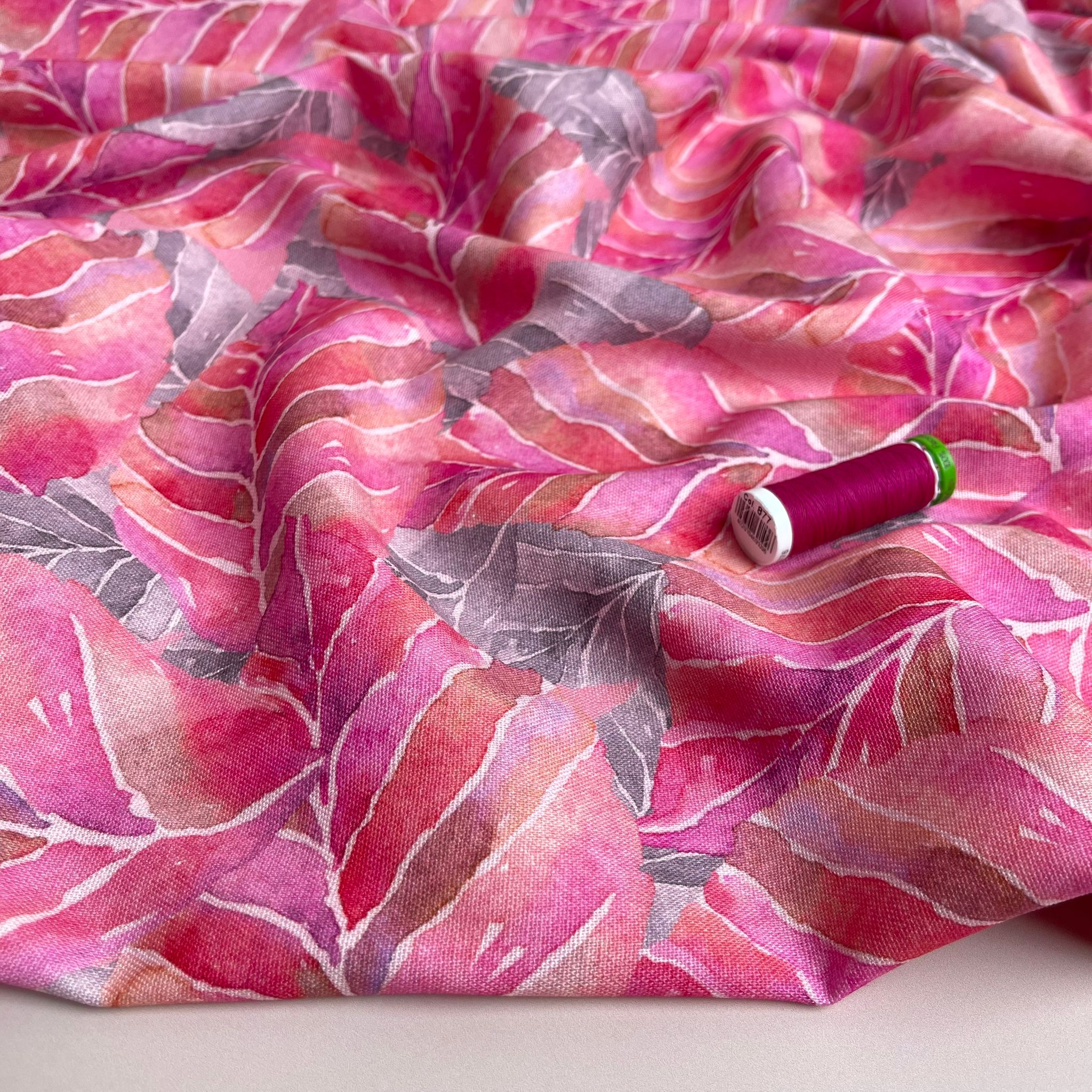 Fuchsia Leaves Viscose Linen Fabric