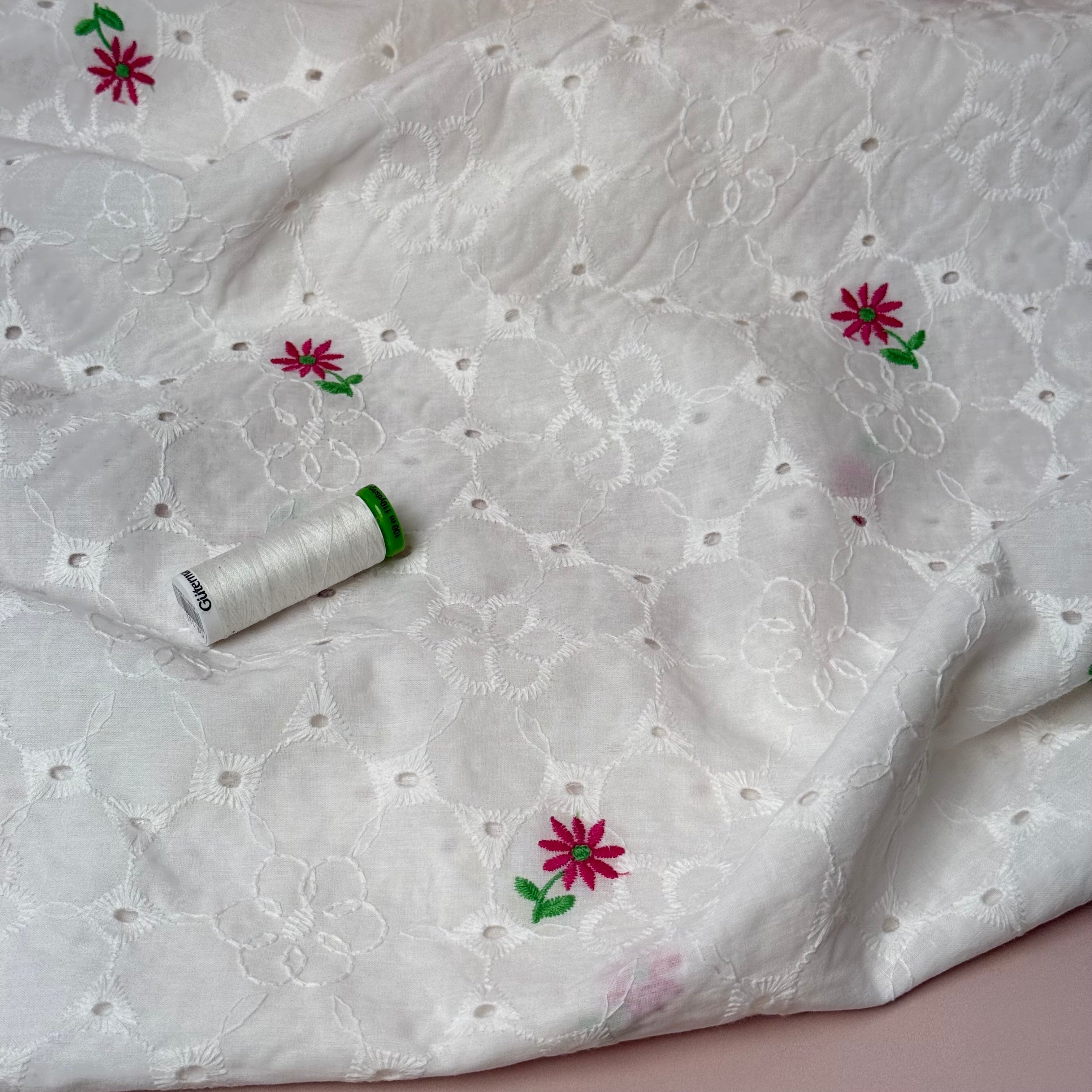 Embroidered Asters White Cotton Voile Fabric