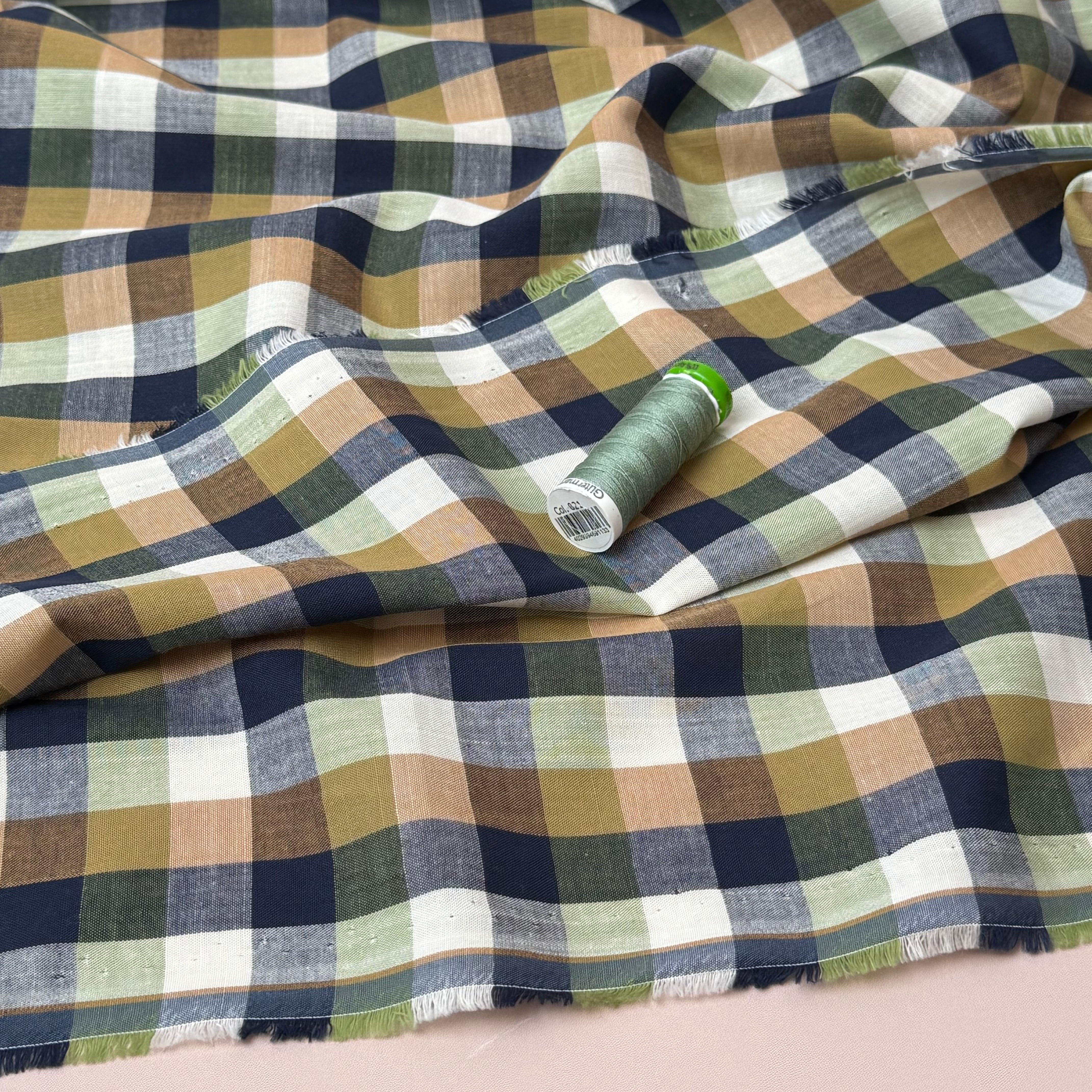 Yarn Dyed Navy and Beige Checks Cotton Fabric