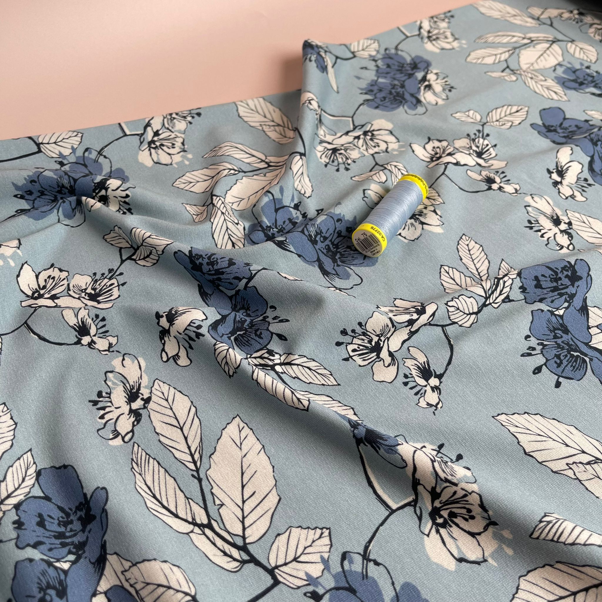 Danish Design - Elegant Florals on Pale Blue Cotton Jersey Fabric