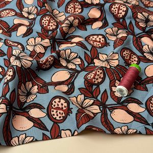 Pomegranates on Dusky Blue Viscose Fabric