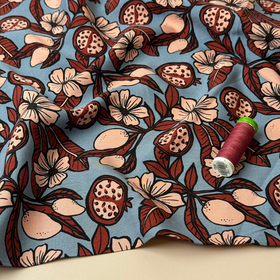 Pomegranates on Dusky Blue Viscose Fabric
