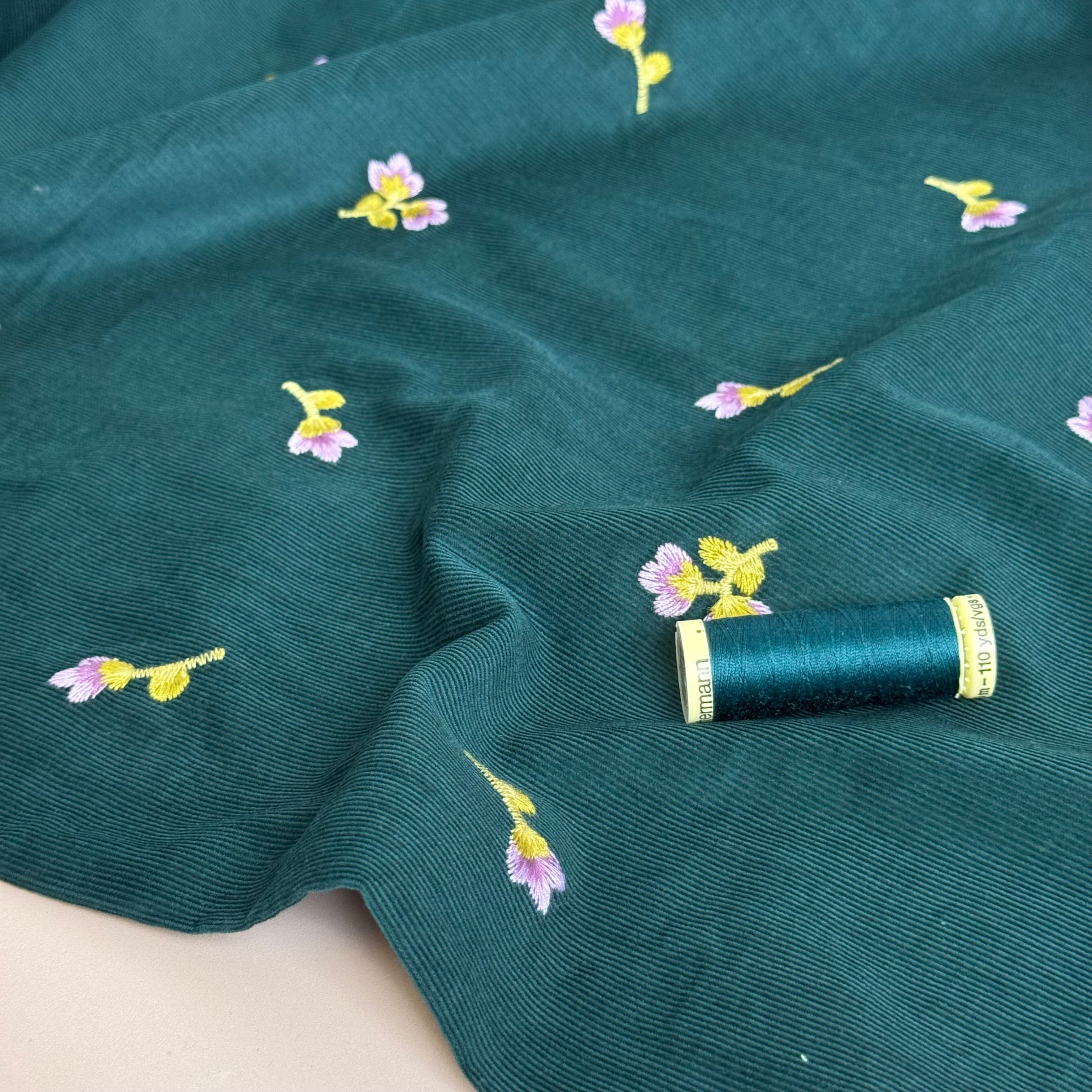 Embroidered Flowers on Teal Cotton Needlecord