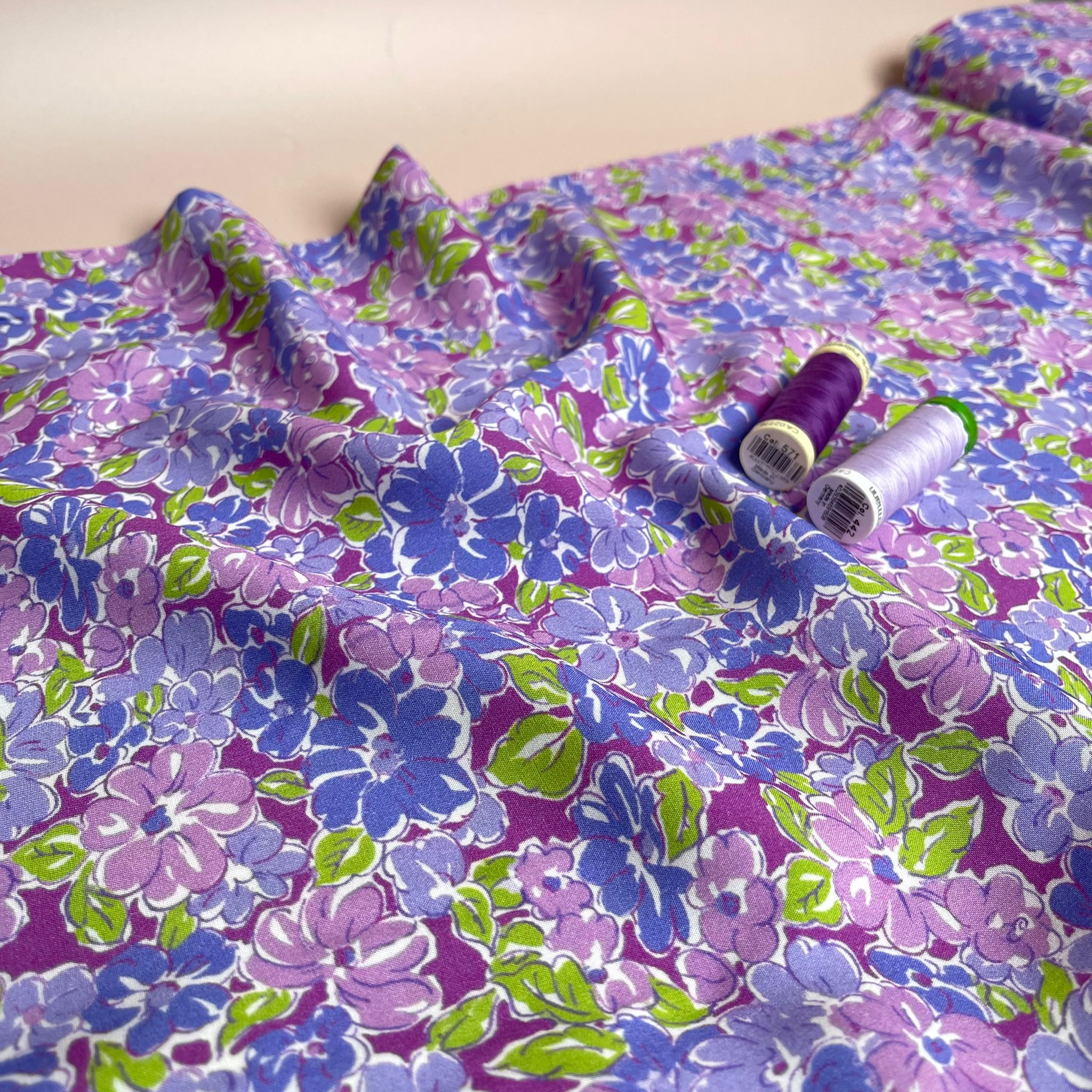 Meadow Flowers in Purple and Green Viscose Fabric