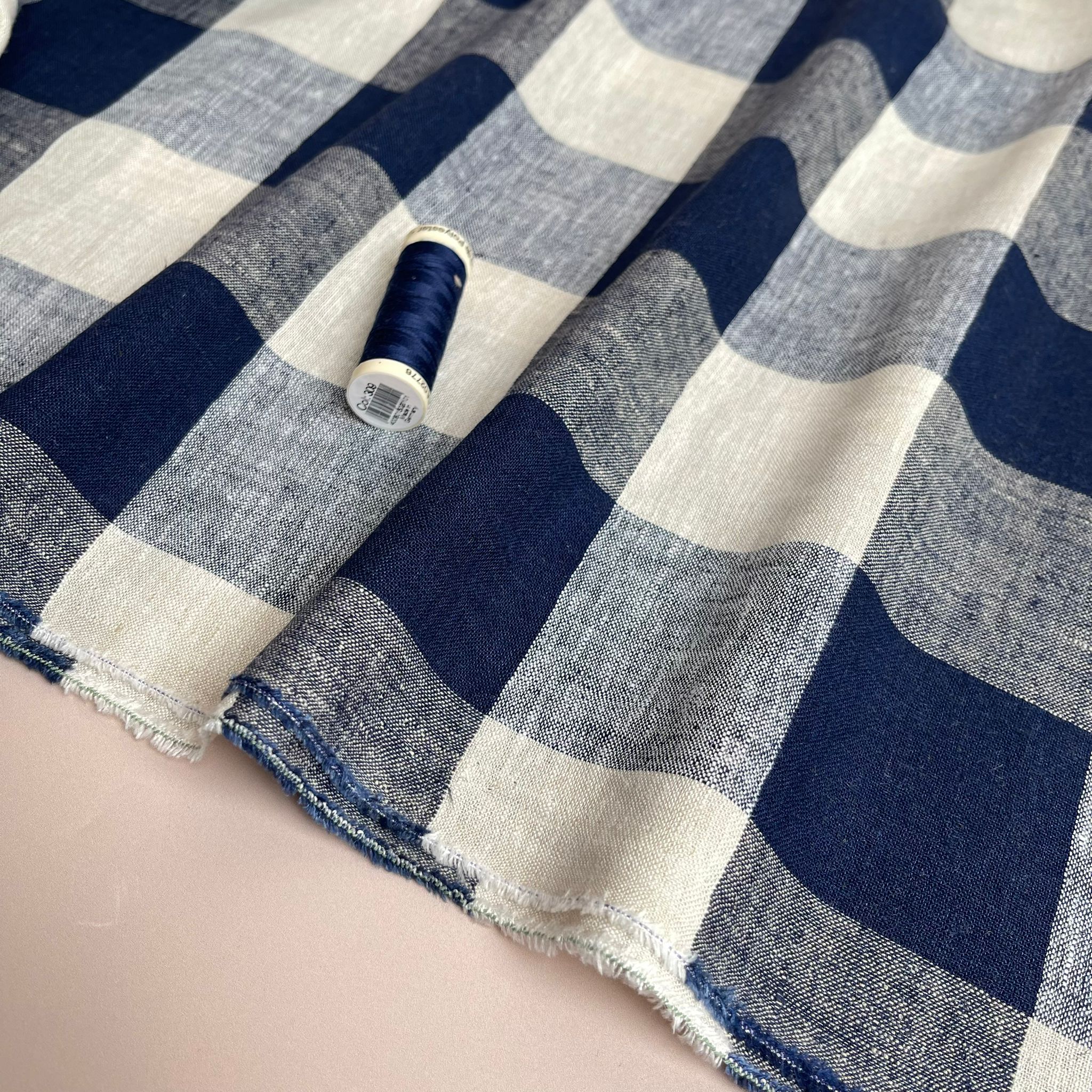 Yarn Dyed Navy Gingham Viscose Linen Fabric