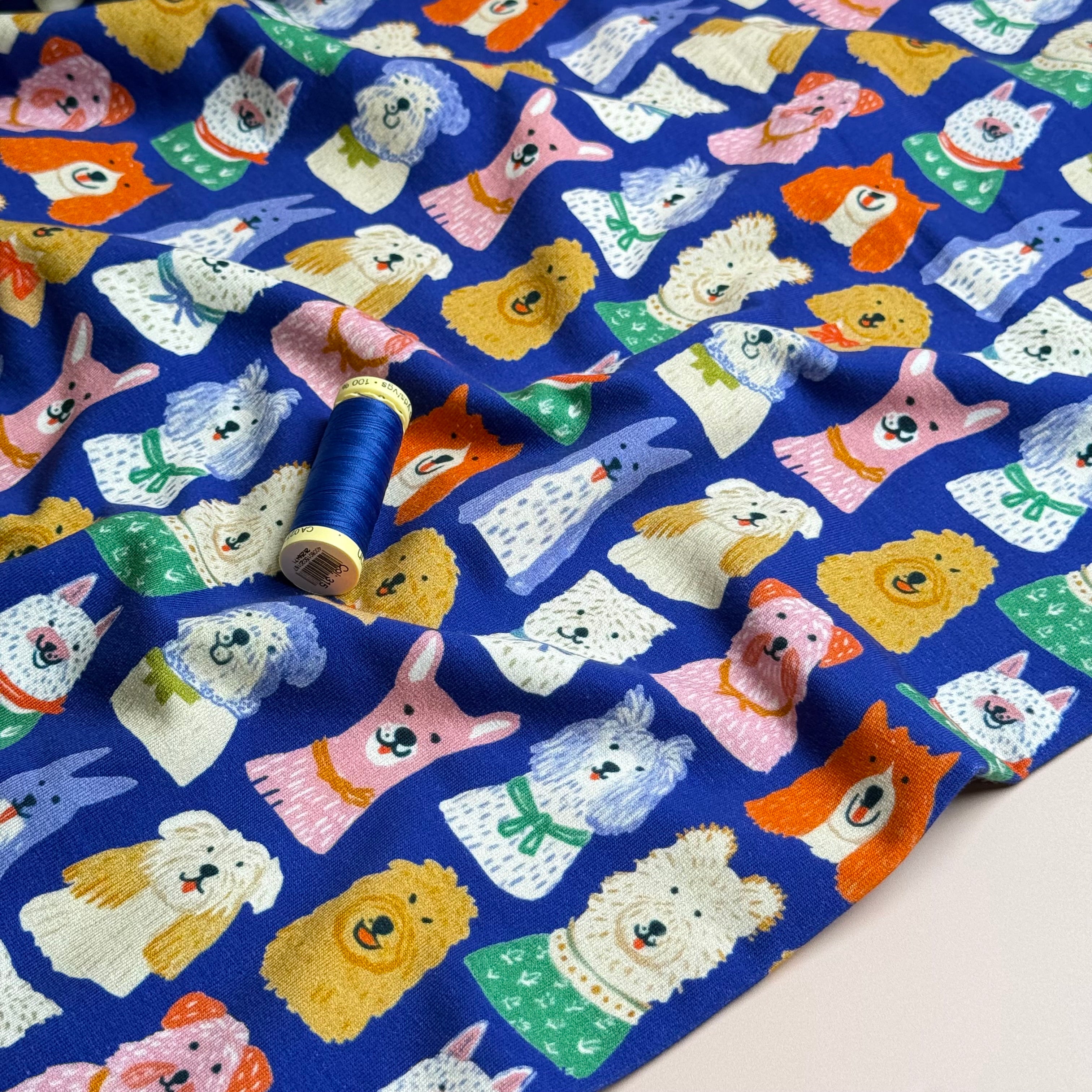Cute Dogs On Royal Blue Soft Cotton Sweat-shirting Fabric