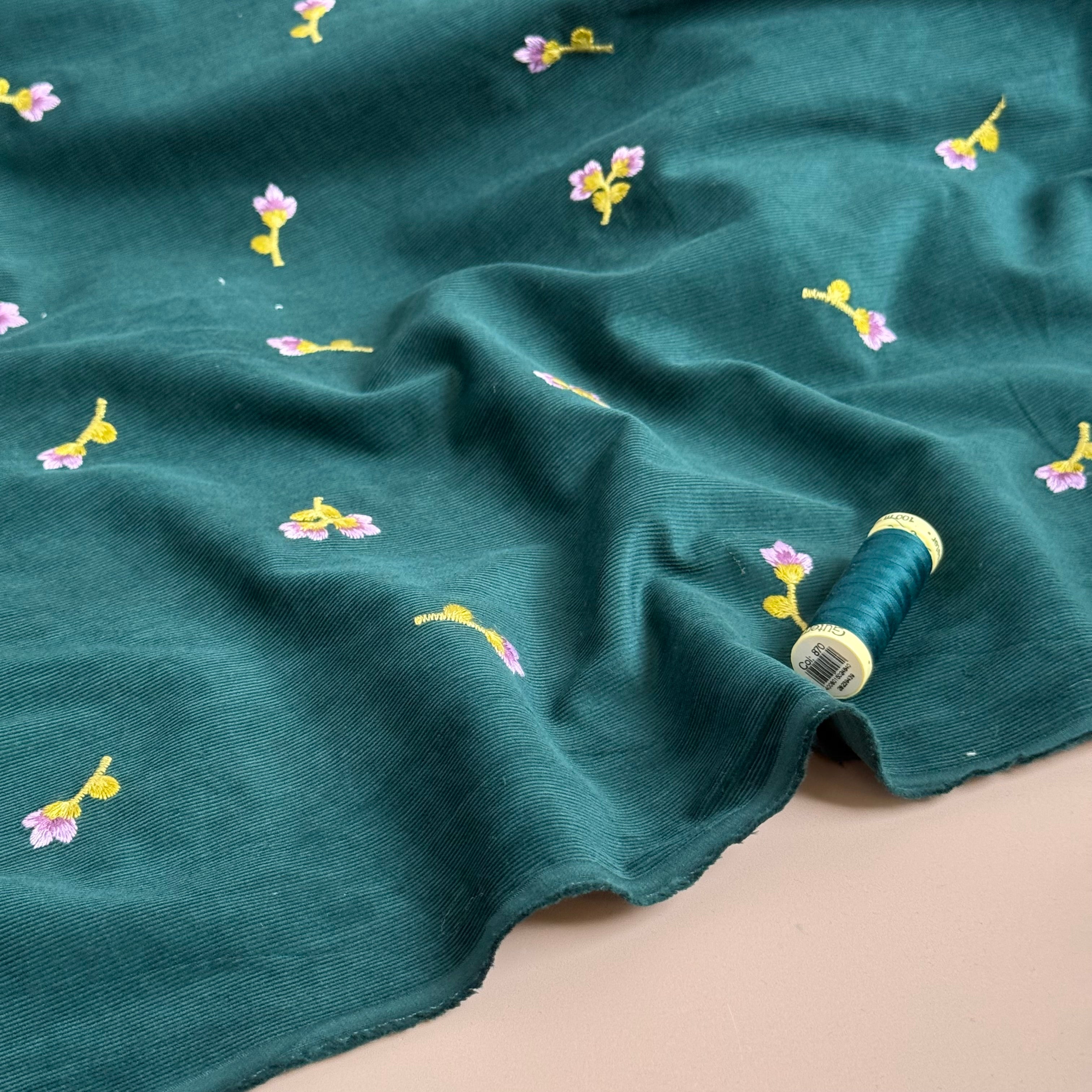Embroidered Flowers on Teal Cotton Needlecord