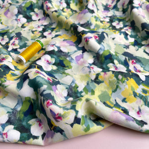 Watercolour Blossoms on Bottle Green Viscose Fabric