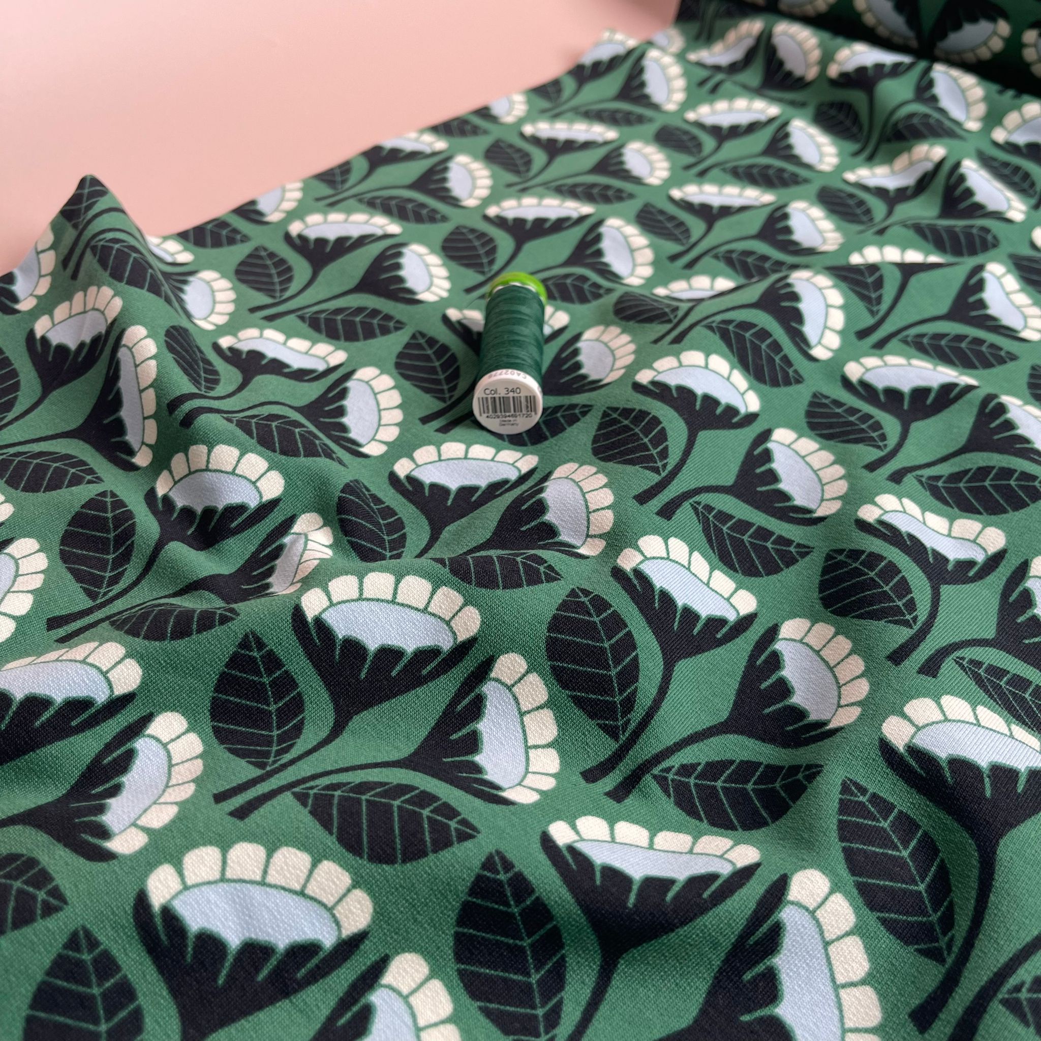 Monochrome Flowers on Emerald Green Cotton French Terry