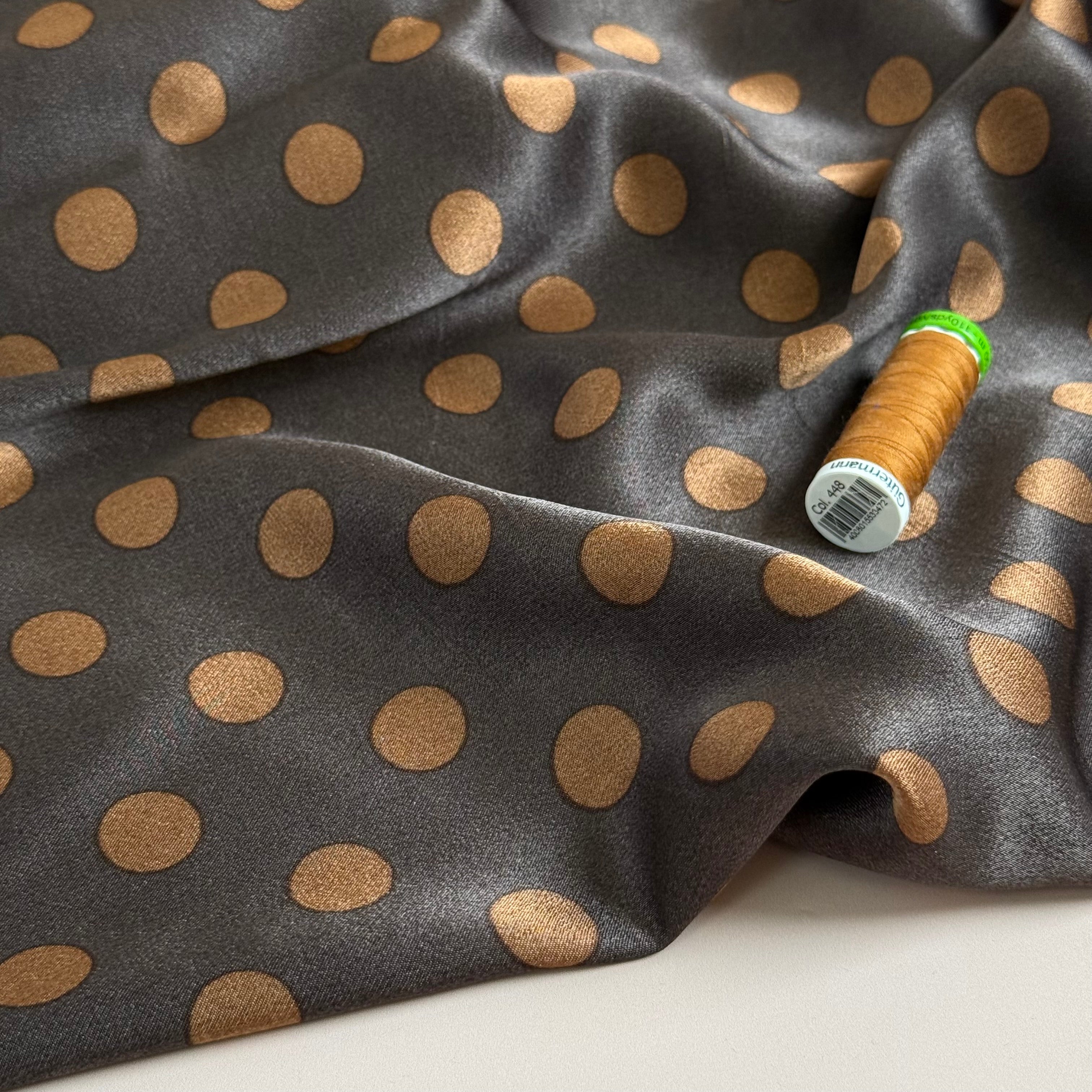 Polka Caramel on Brown Spun Viscose Sateen Fabric