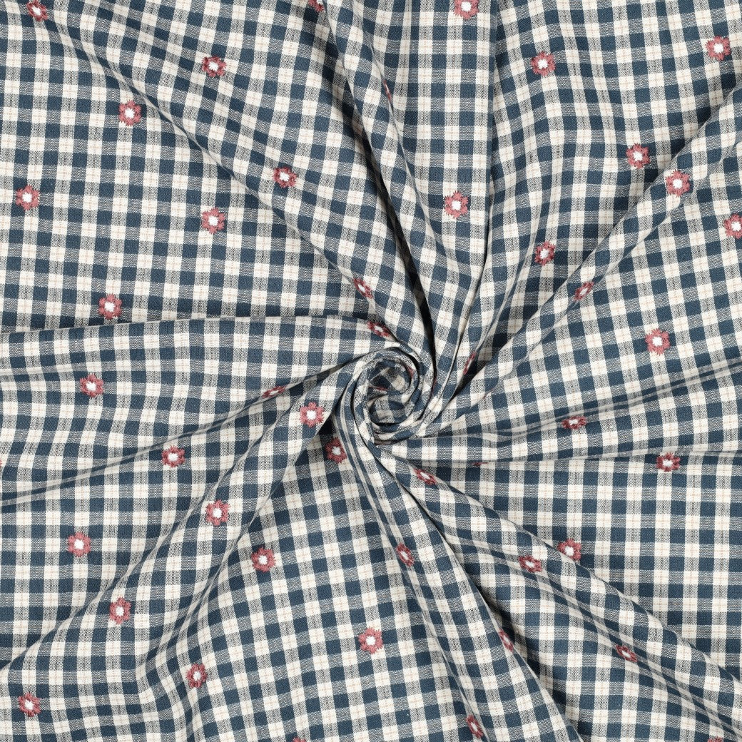 Embroidered Flowers on Petrol Gingham Cotton Viscose Fabric
