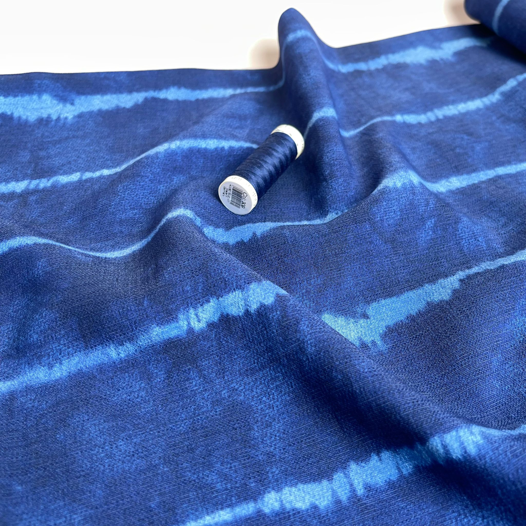 Tie Dye Stripes on Indigo Blue Textured Viscose Fabric