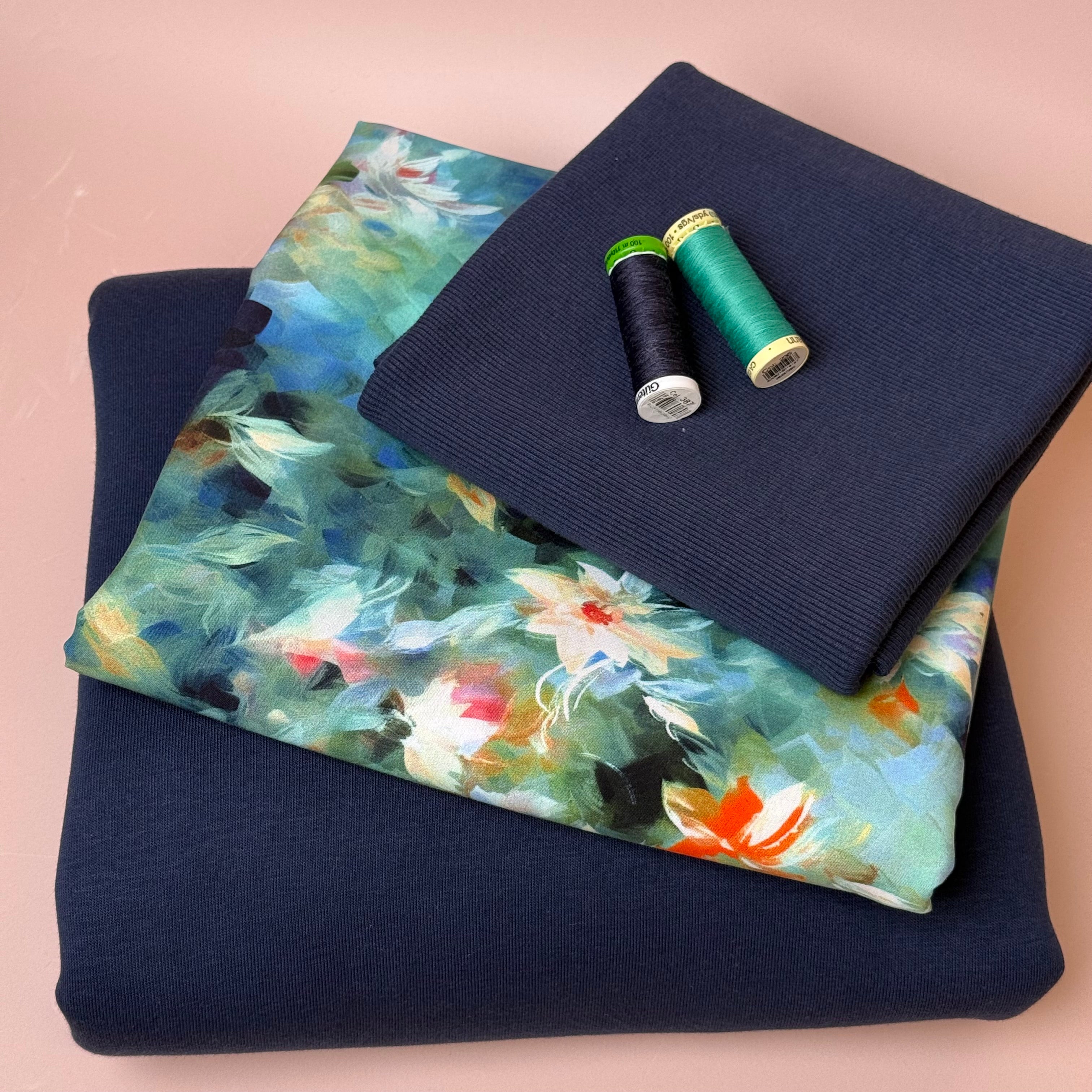 Make an Outfit Colour Bundle - Watercolour Florals Viscose & Sweatshirting in Navy with Ribbing