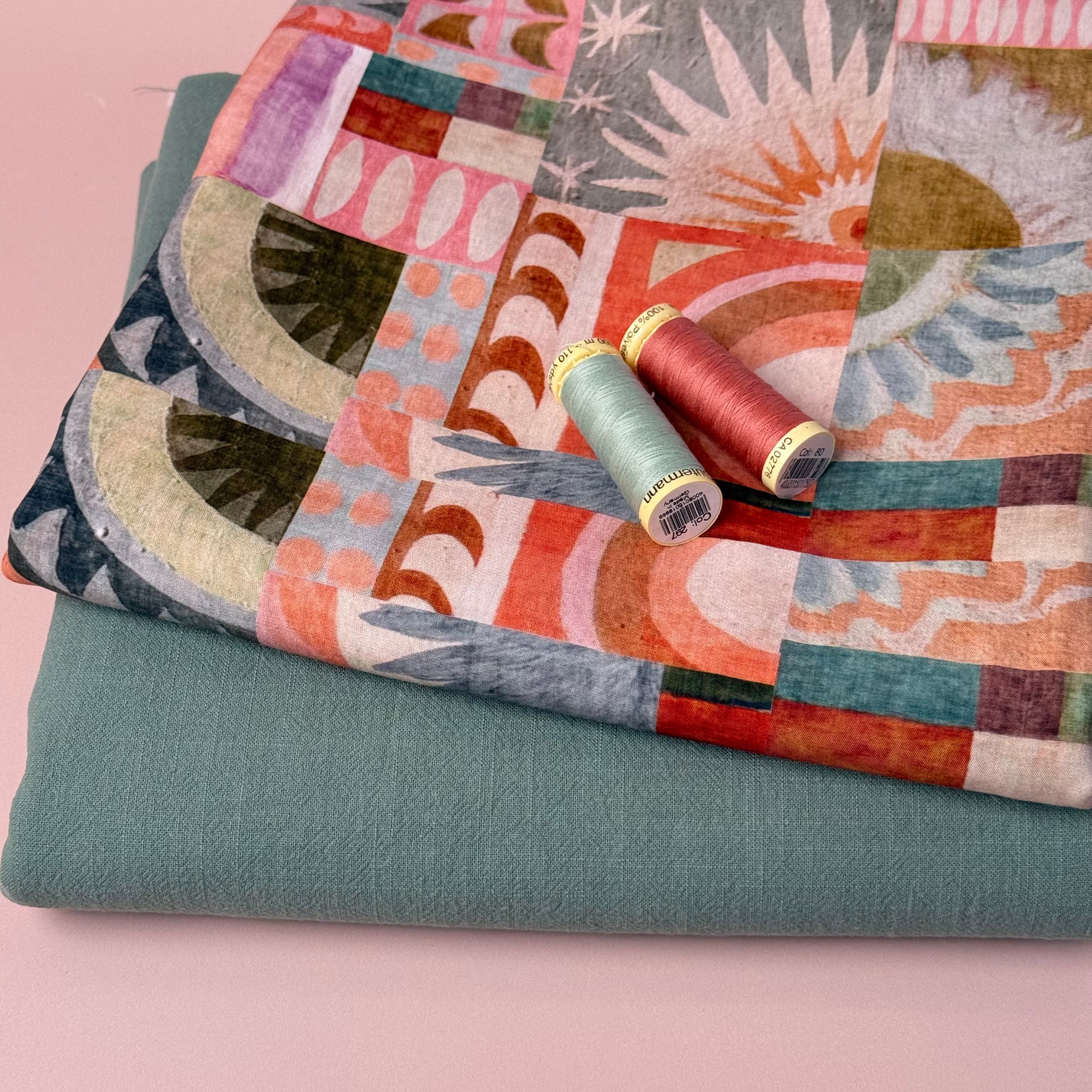 Make an Outfit Colour Bundle - Abstract Tiles Viscose with Sage Green Washed Cotton