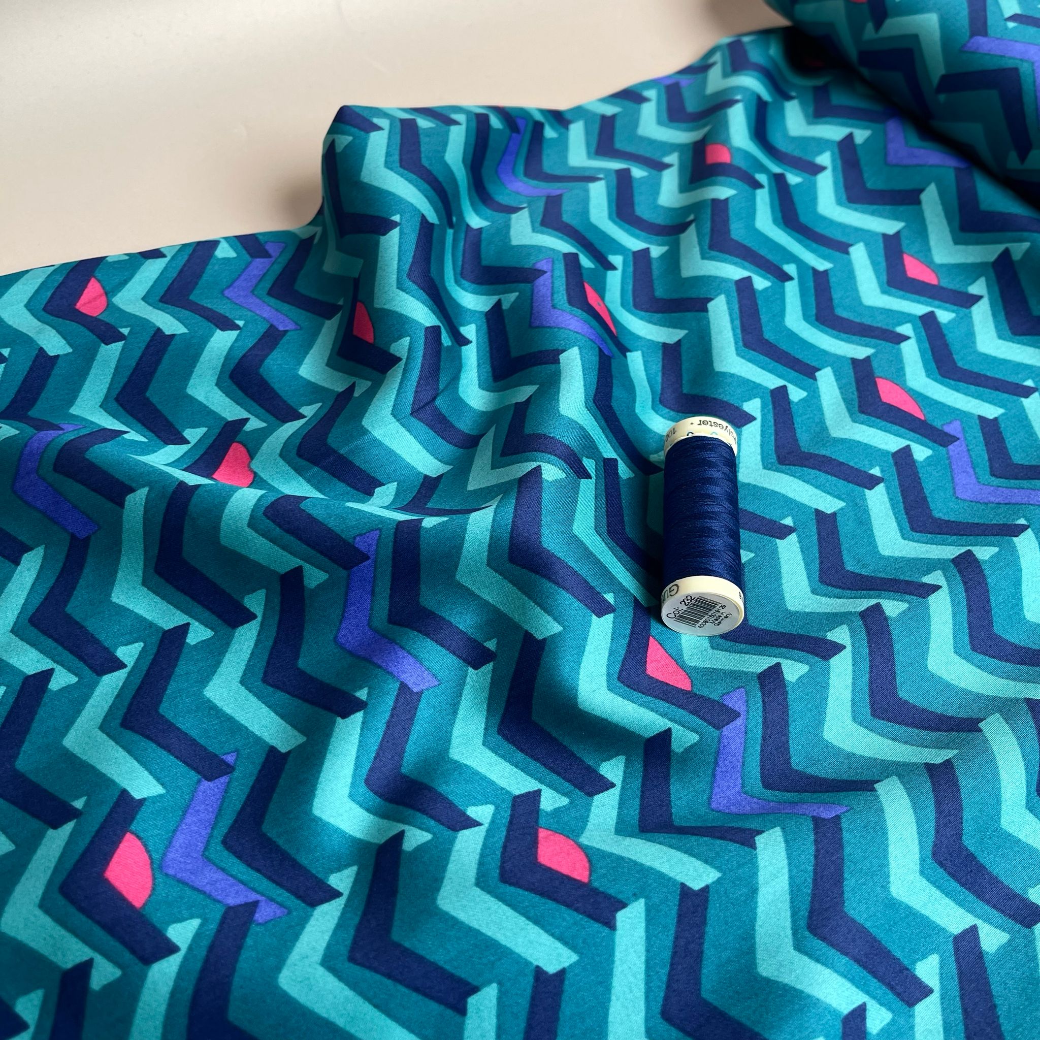 Abstract Teal Chevrons Cotton Sateen Fabric