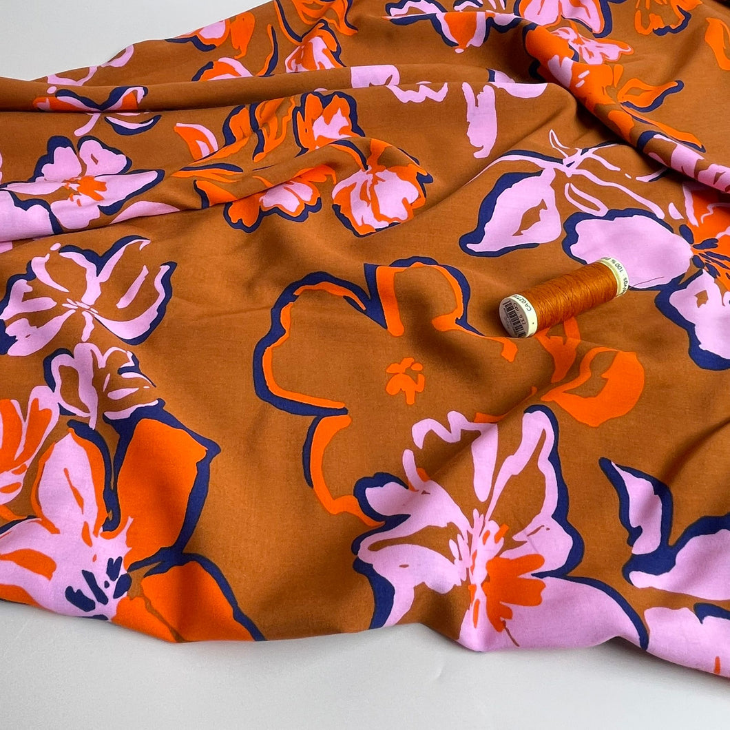 Painted Blooms on Rust LENZING™ ECOVERO™ Viscose Fabric