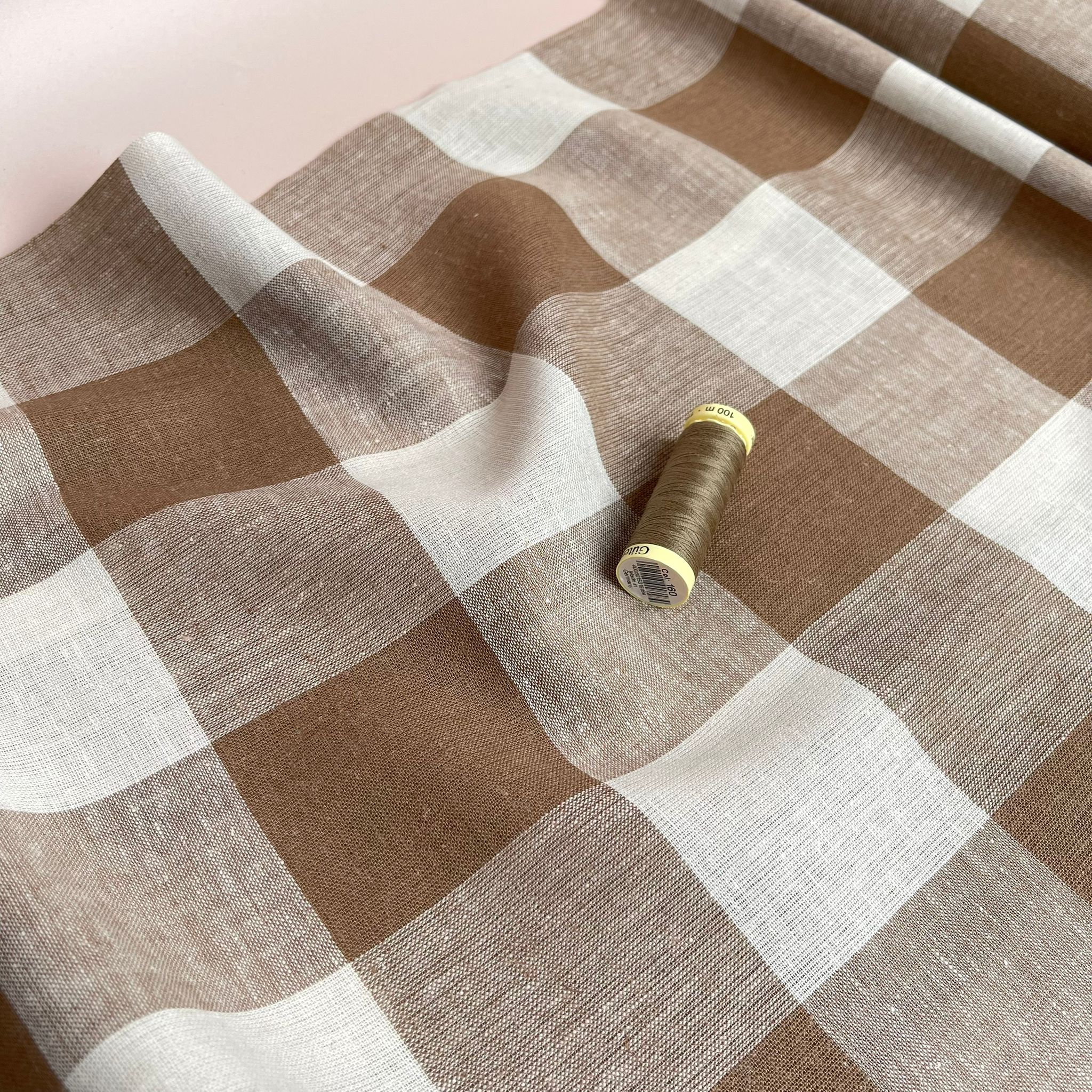 Yarn Dyed Mocha Gingham Viscose Linen Fabric