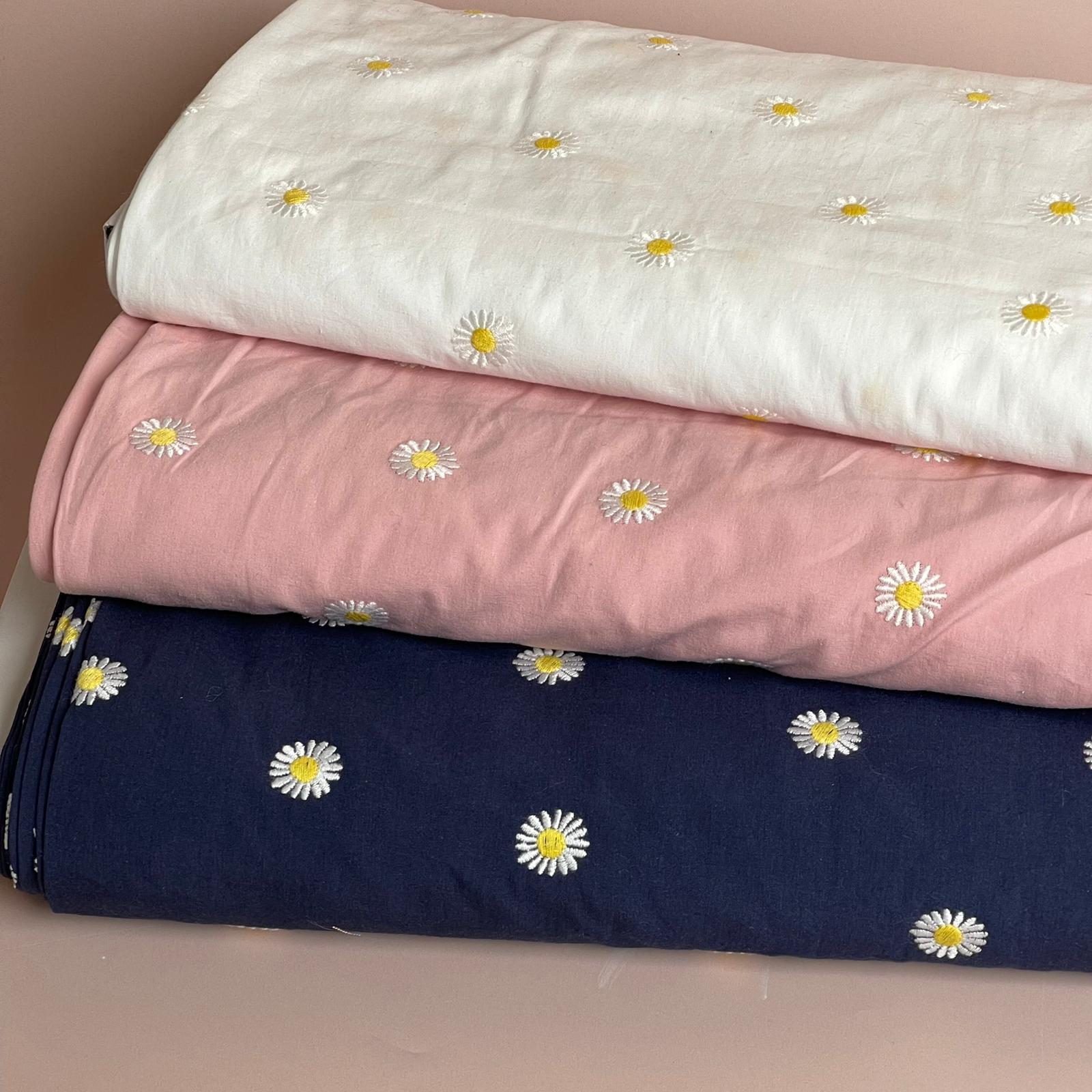 Embroidered Daisies on Navy Cotton Poplin