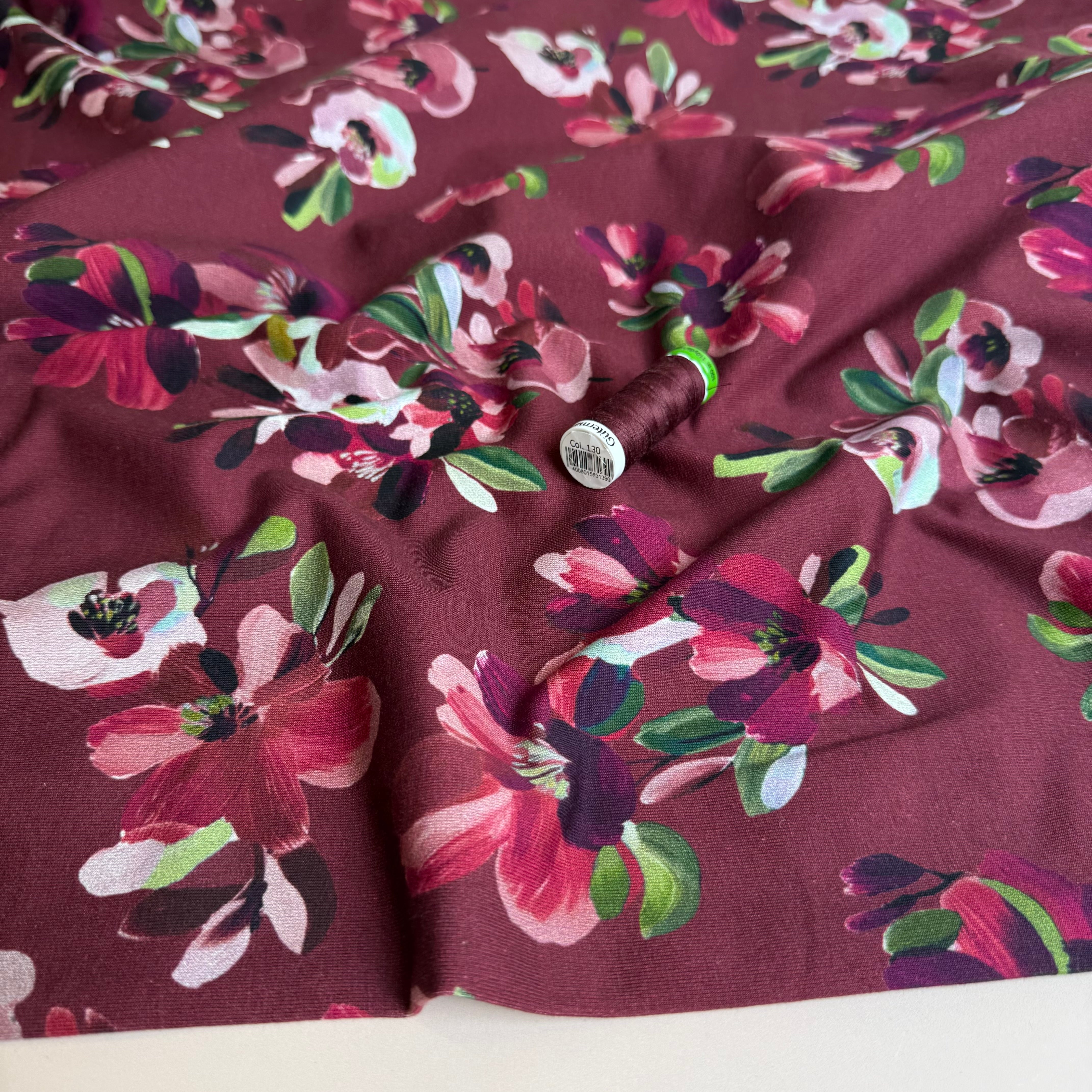 Painted Petals Wine Red Cotton French Terry Fabric