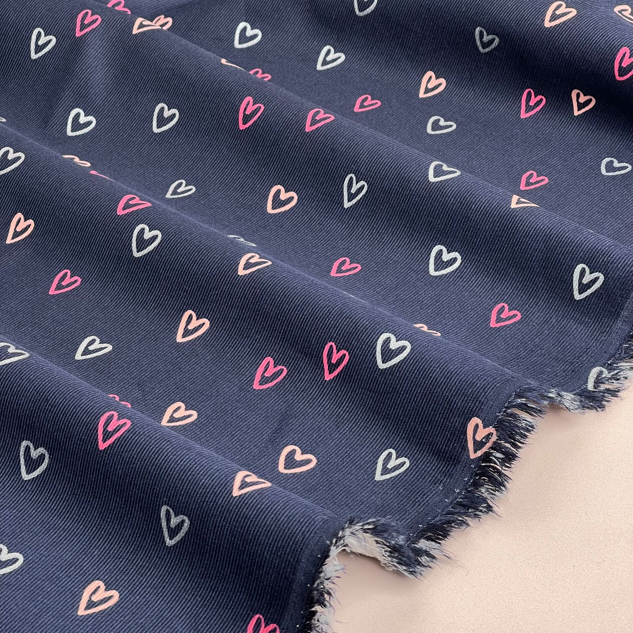 Shimmer Hearts on Navy Cotton Needlecord