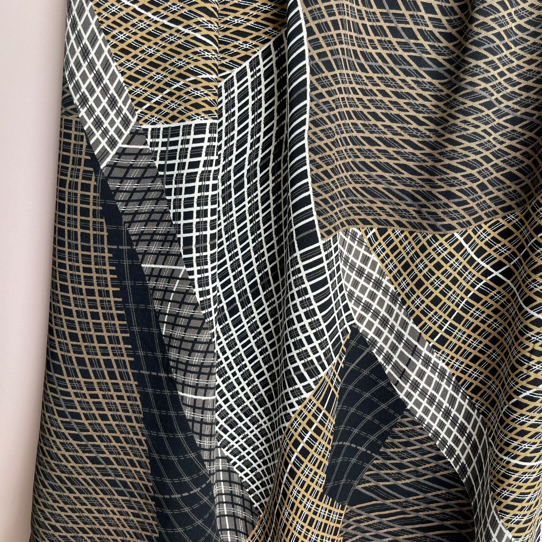 Golden Abstract Grids Viscose Twill Fabric