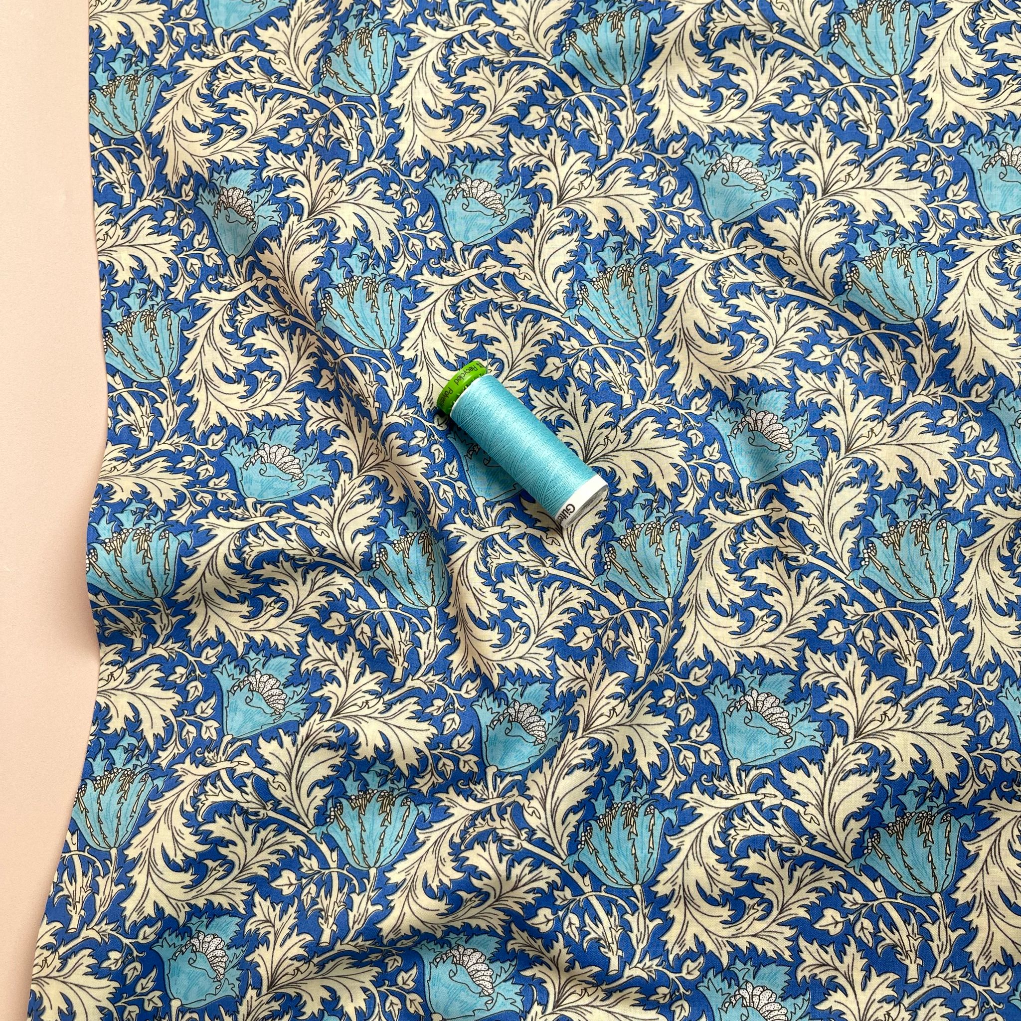Morris Leaves on Blue Cotton Lawn Fabric