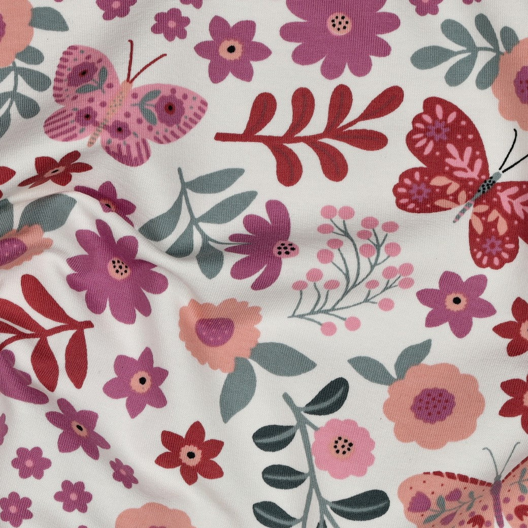 Flowers & Butterflies Off-White Cotton French Terry