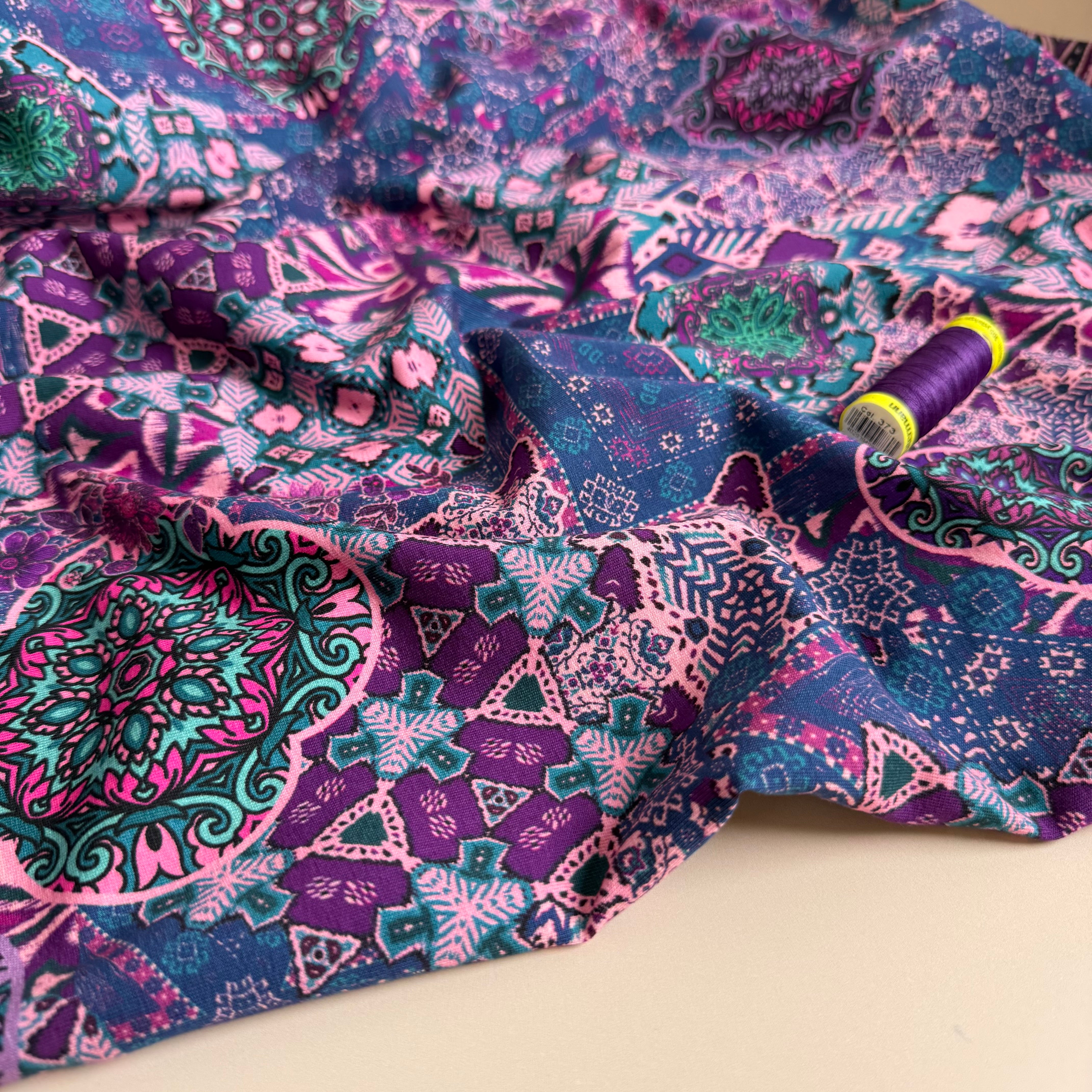 Ornamental Deco Purple Cotton Jersey Fabric