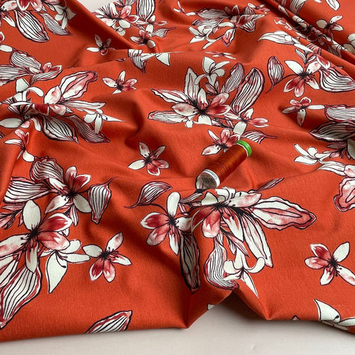 REMNANT 0.99 Metre - Danish Design - Watercolour Blossoms on Rust Cotton Jersey Fabric