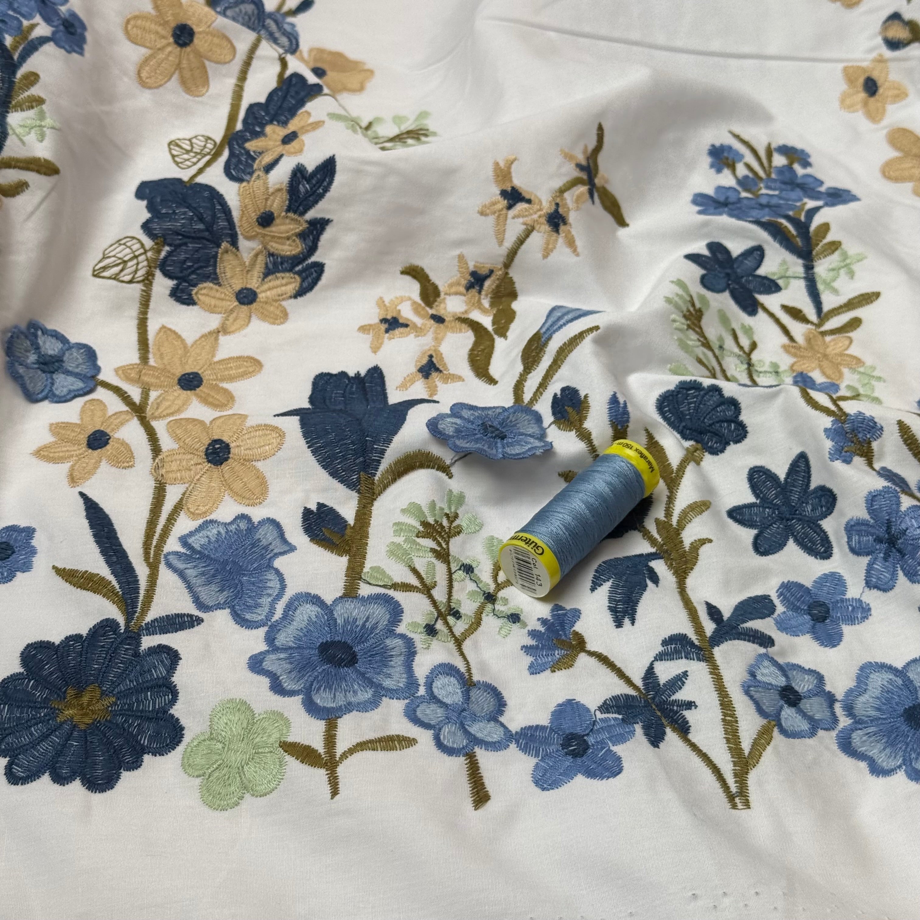 Blue Floral Border Embroidered Cotton Fabric