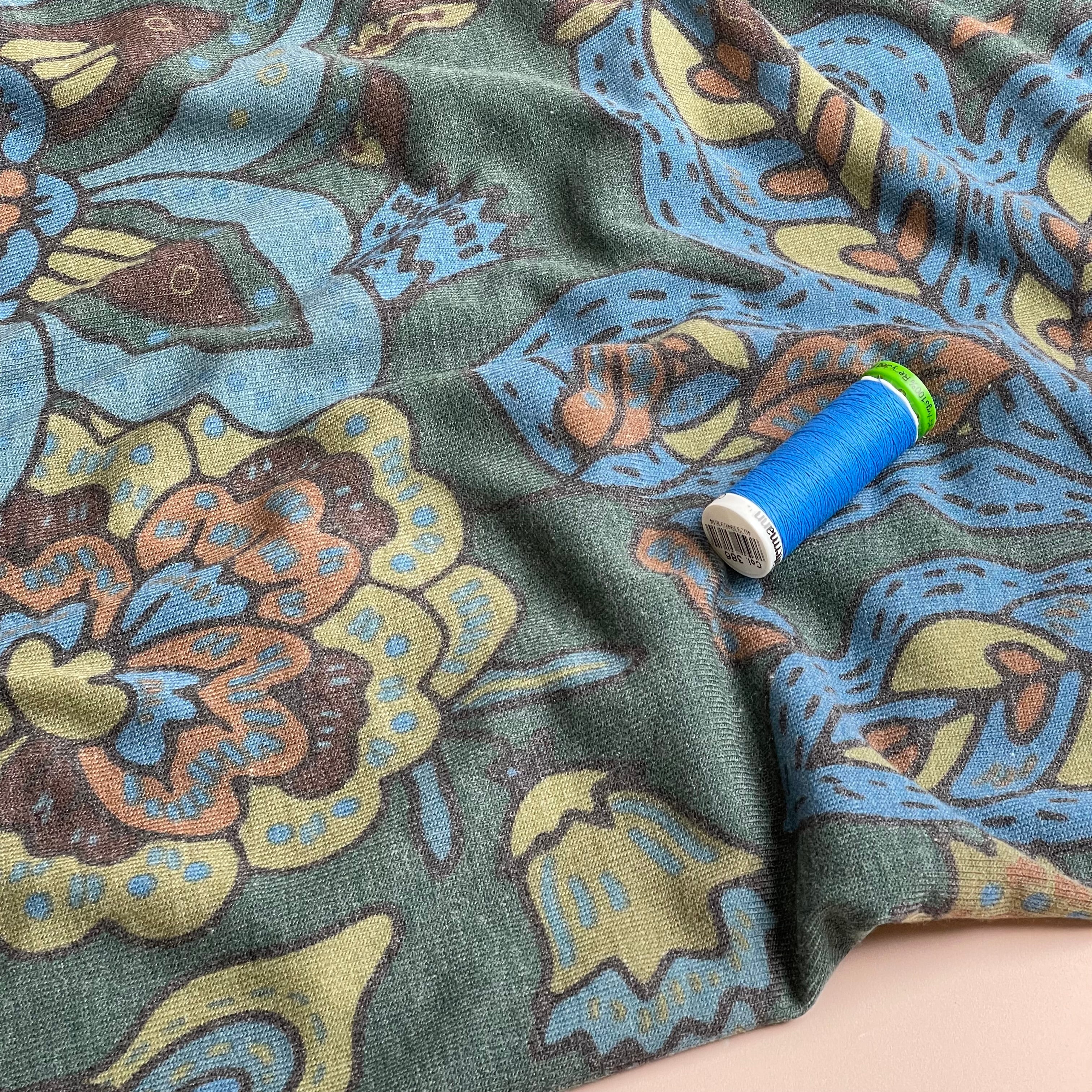 Autumn Flowers Petrol Light Viscose Blend Knit