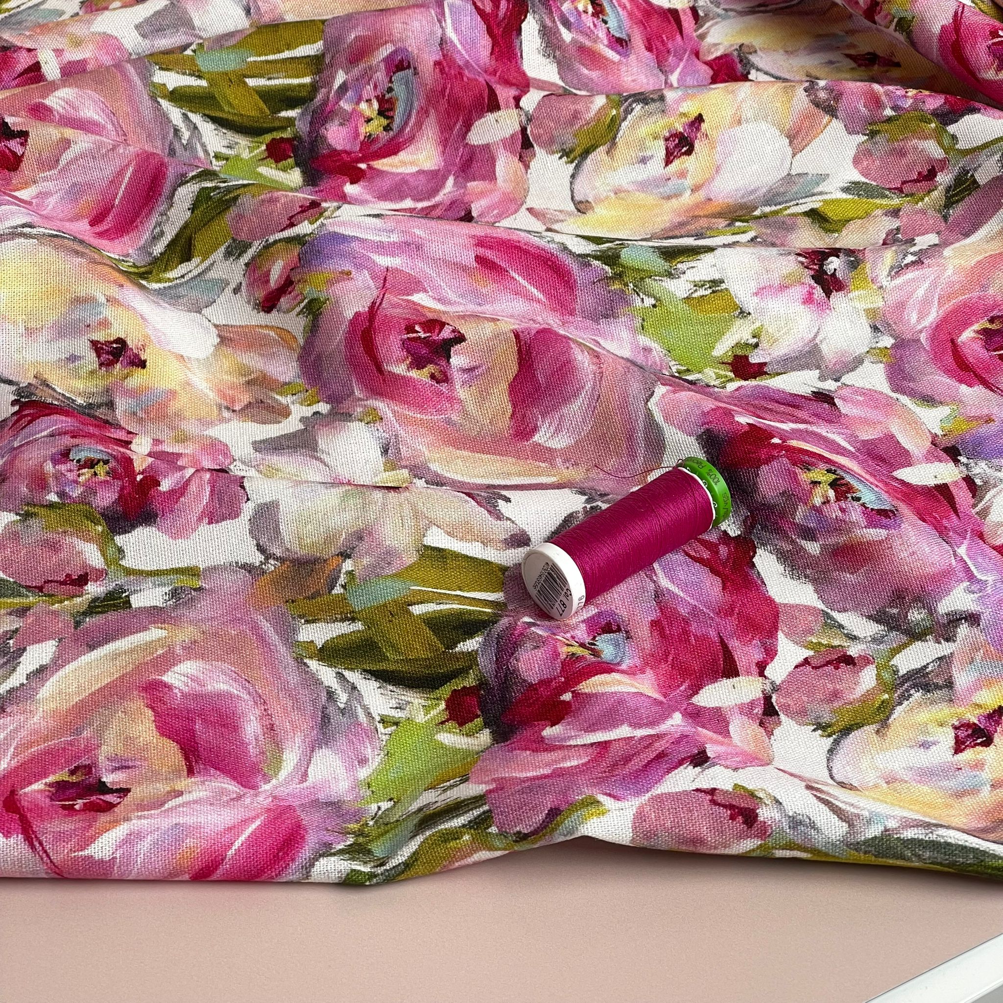 Pink Roses Viscose Linen Fabric