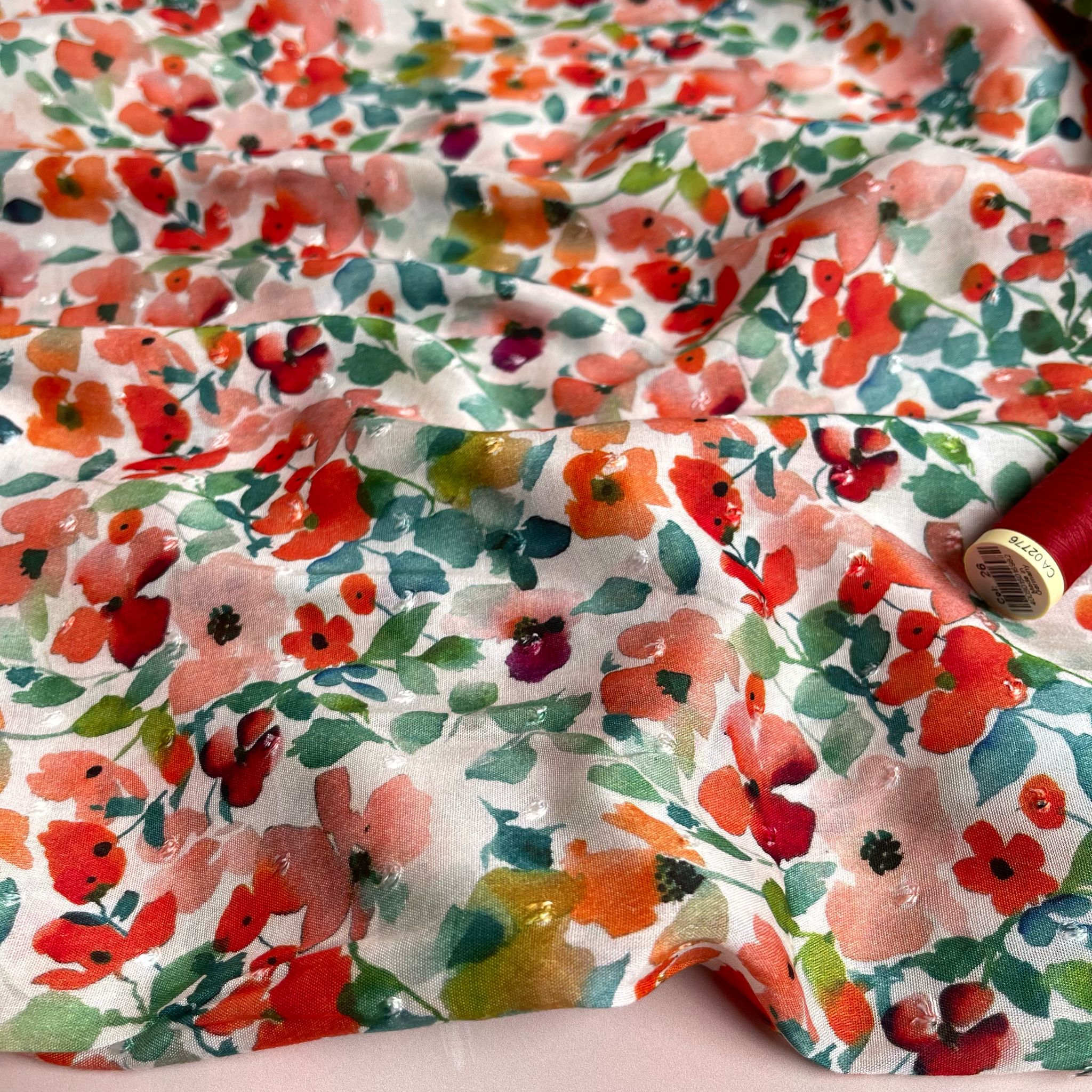 Poppy Field Blossoms on White Dobby Viscose Fabric