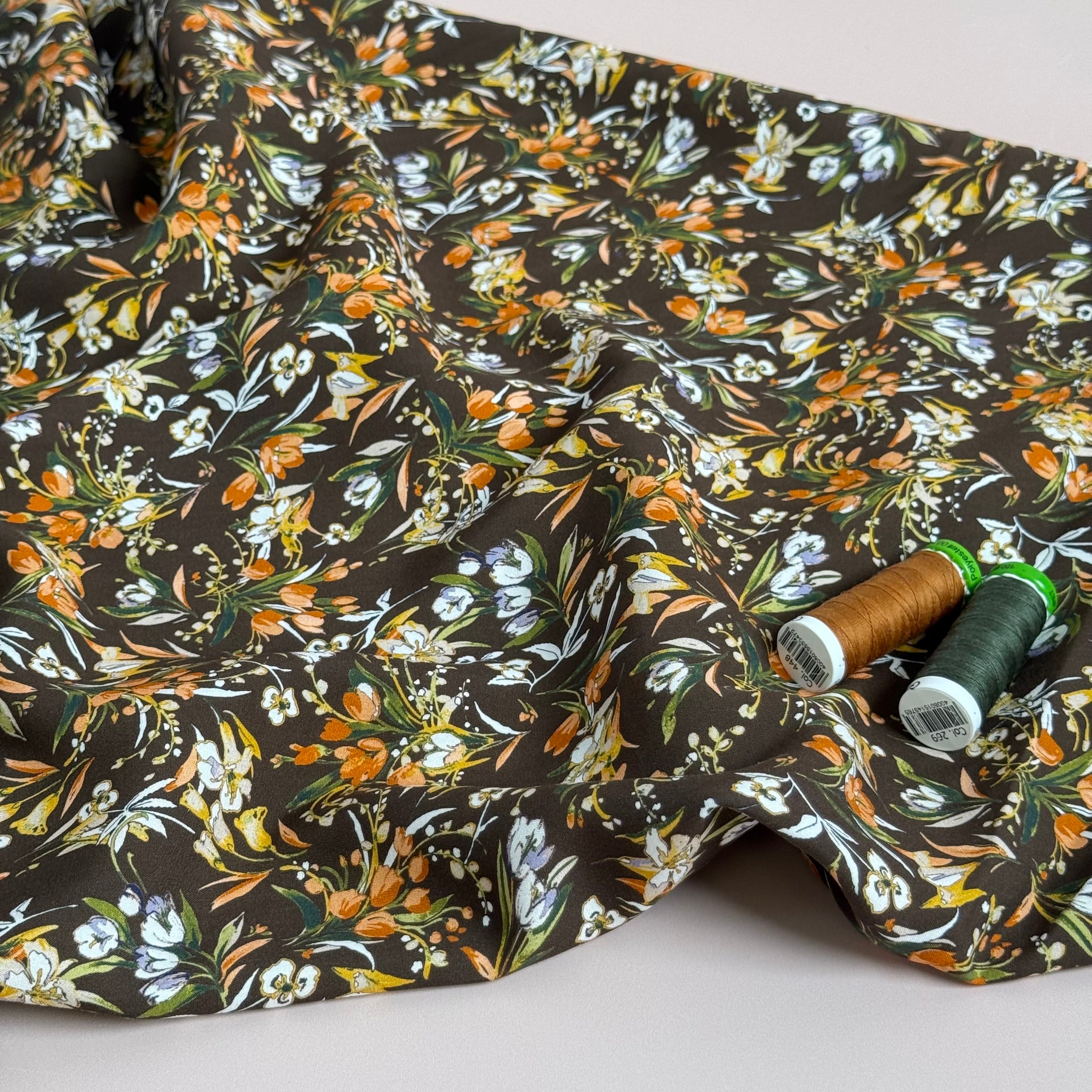 Tulip Bouquet on Brown Viscose Poplin Fabric