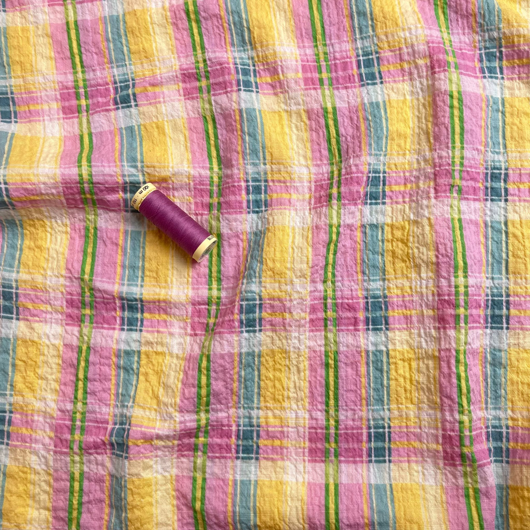 Ex-Designer Deadstock Rainbow Check Cotton Seersucker Fabric