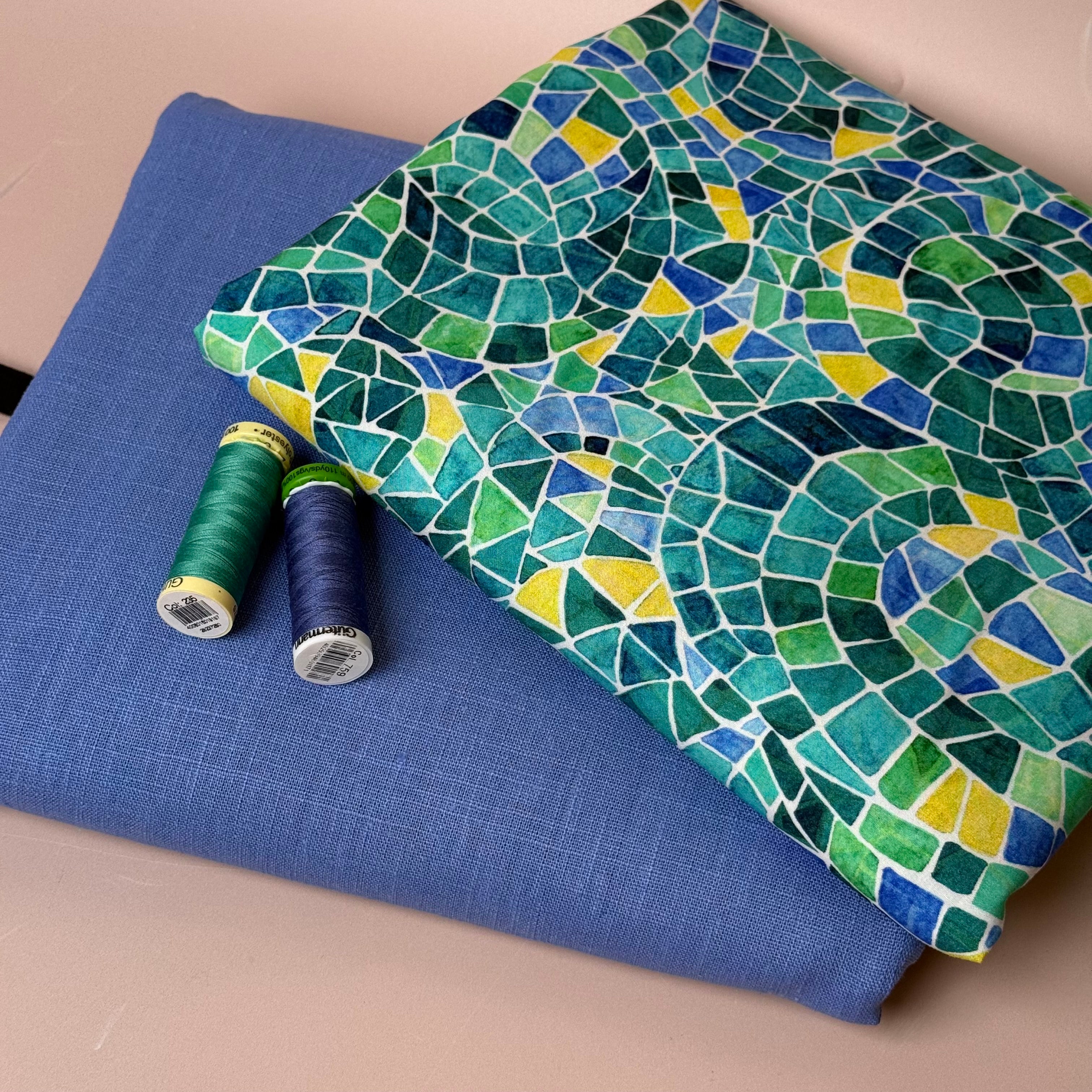 Make An Outfit Colour Bundle and Sewing Kit - Regalia Blouse in Emerald Mosaics and Spring Trousers in Sky Haze Linen