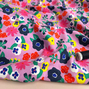 REMNANT 1.99 Metres (with ladder fault in one place)  - Vibrant Posey on Mauve Cotton Jersey Fabric