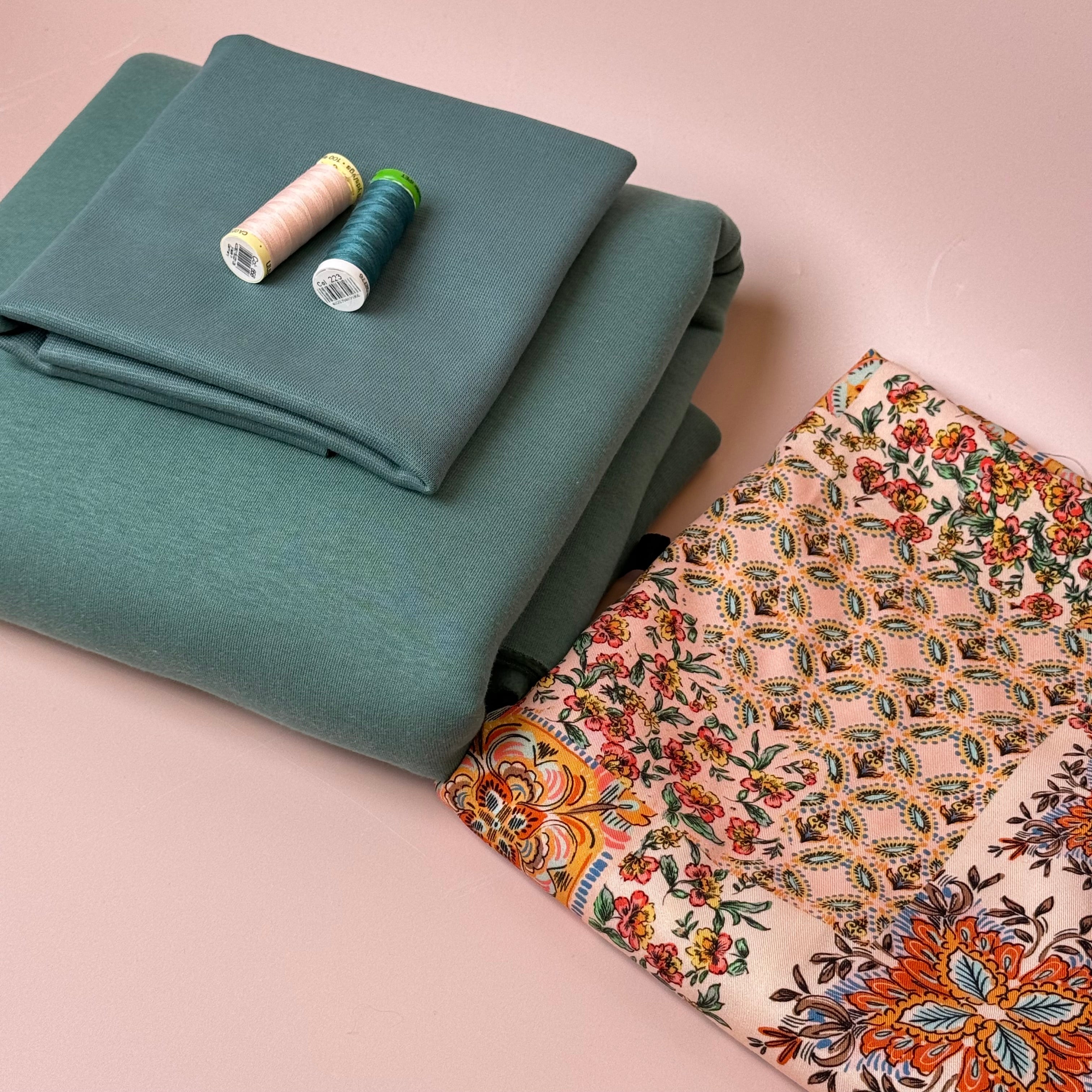 Make an Outfit Colour Bundle - Patchwork Viscose Twill & Sweatshirting in Sea Pine with Ribbing