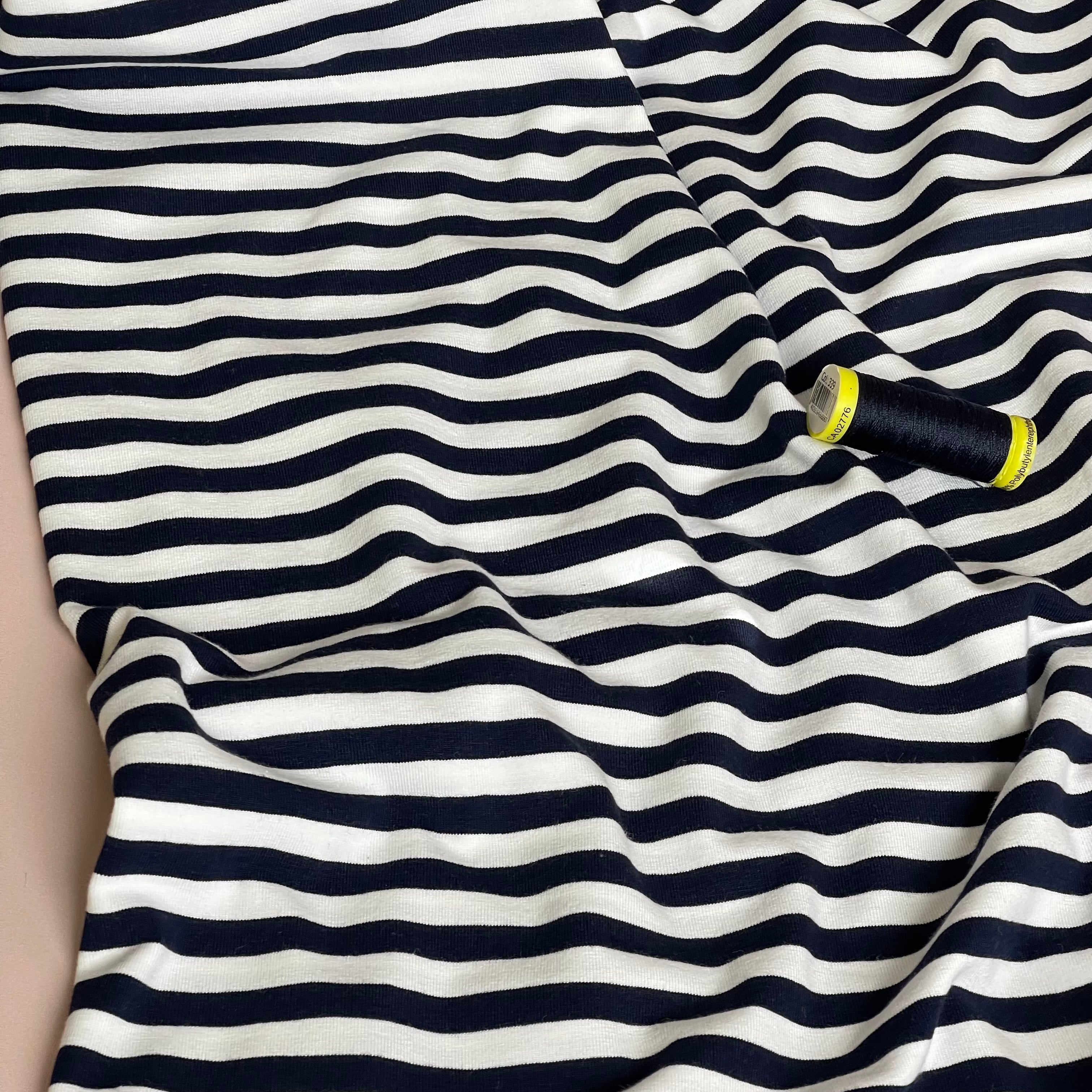 Yarn Dyed Navy Breton Stripe Cotton Jersey Fabric