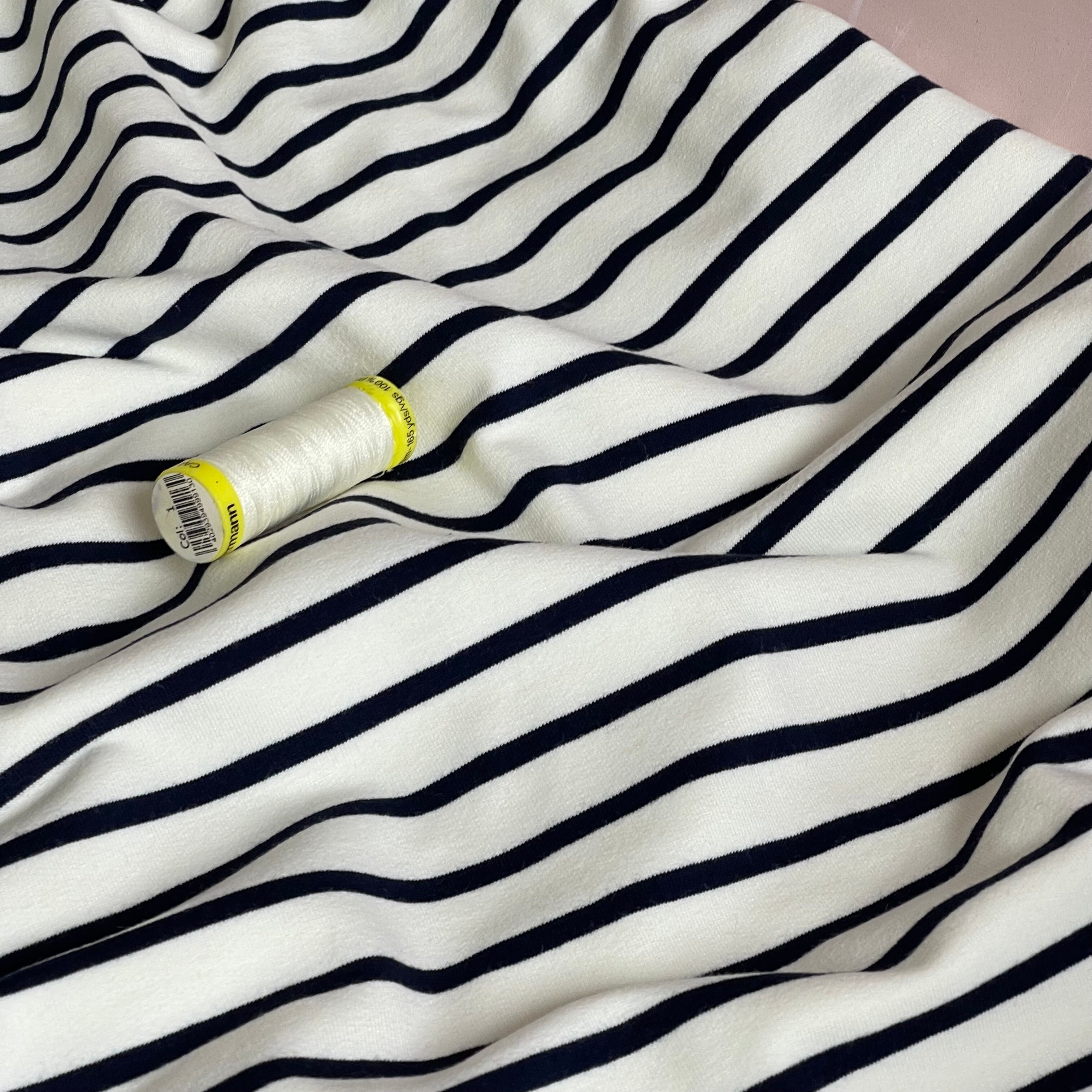 Yarn Dyed Navy Stripes on Ecru Cotton French Terry