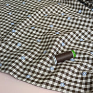 Embroidered Flowers on Brown Gingham Cotton Viscose Fabric