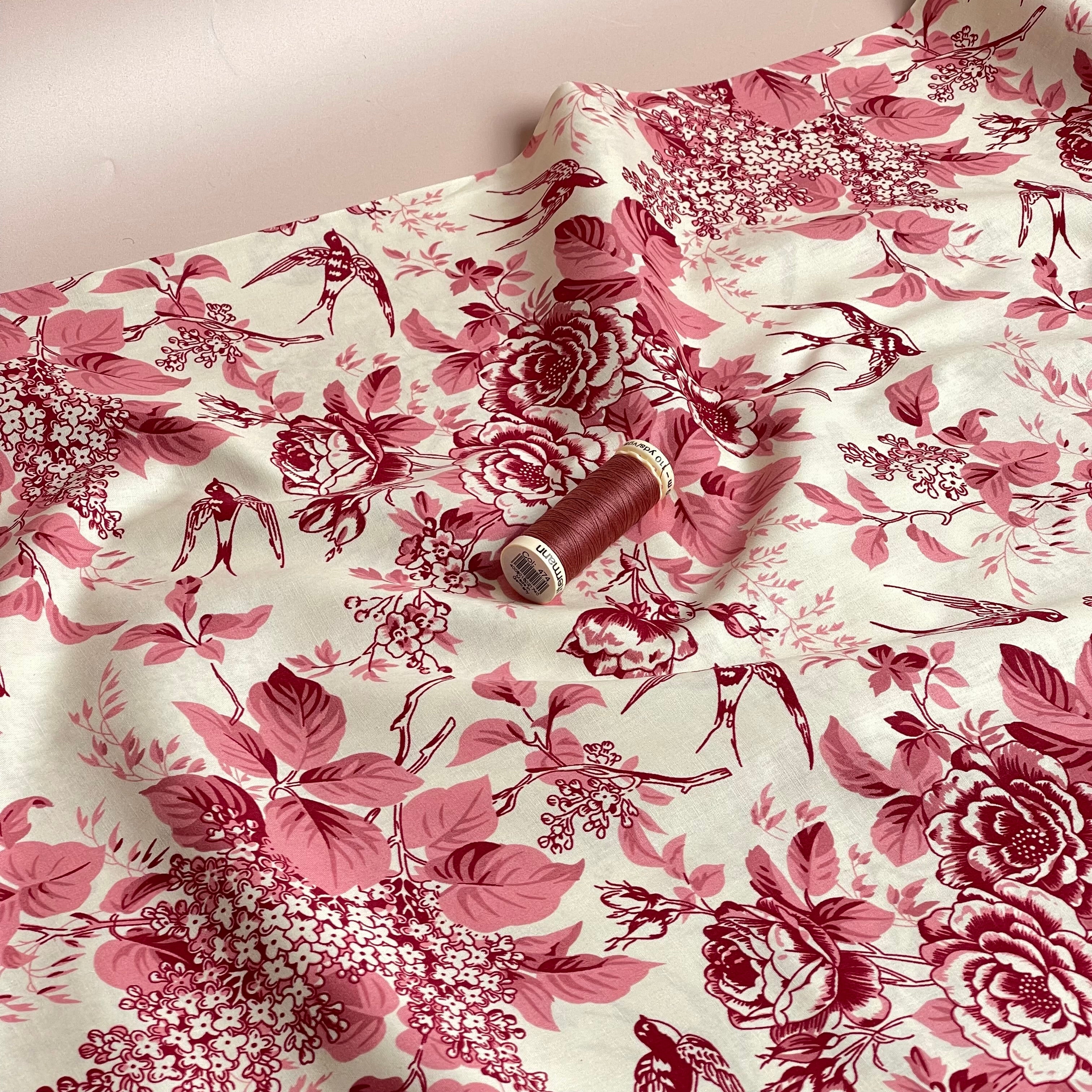 Toile De Jouy Birds in Pink Cotton Poplin