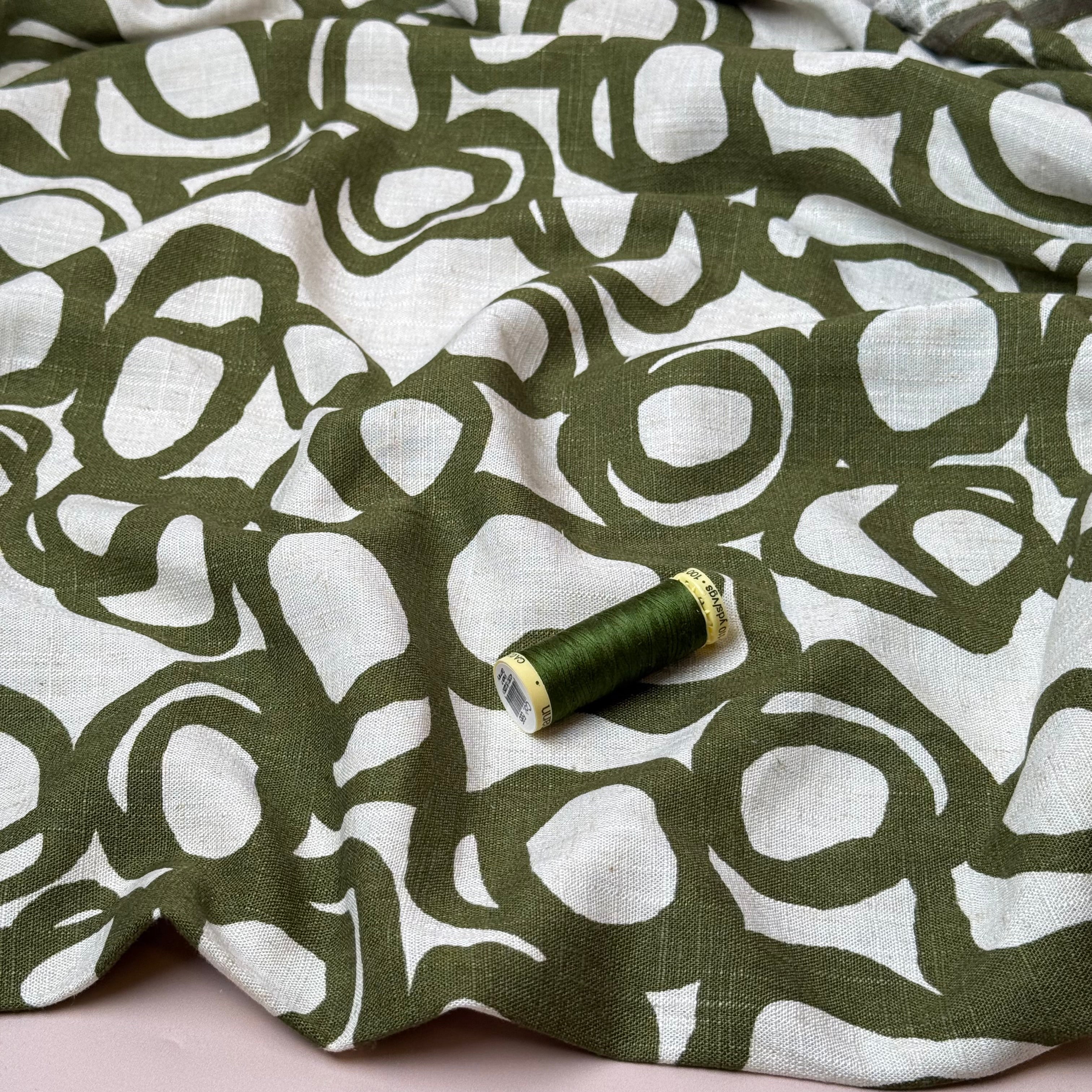 Swirls Olive on Neutral Viscose Linen Fabric